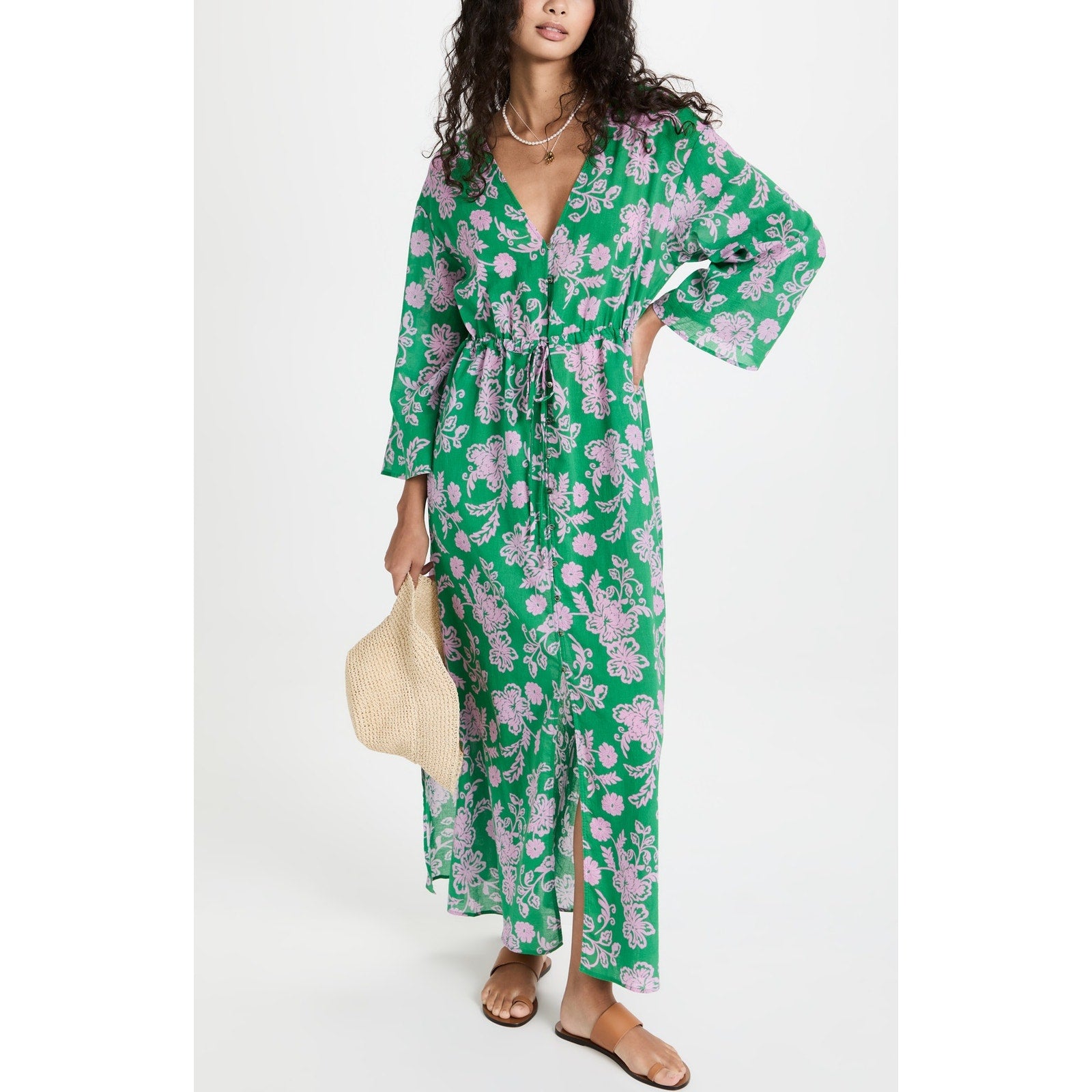 Xirena 'Mykah' Green V Neck 3/4 Sleeve Floral Print Dress Size S
