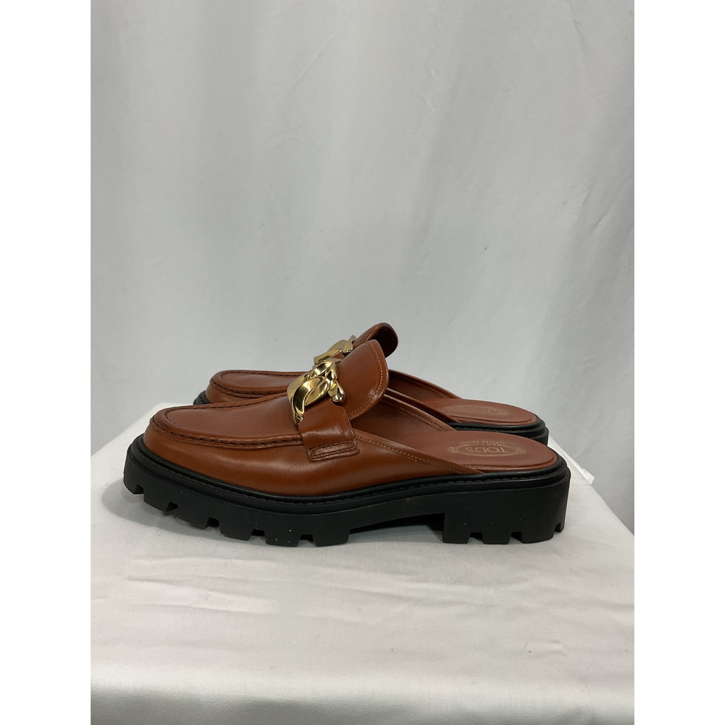 Tod's 'Gomma' Brown Pesante Gold Chain-Embellished Leather Mules Size 9