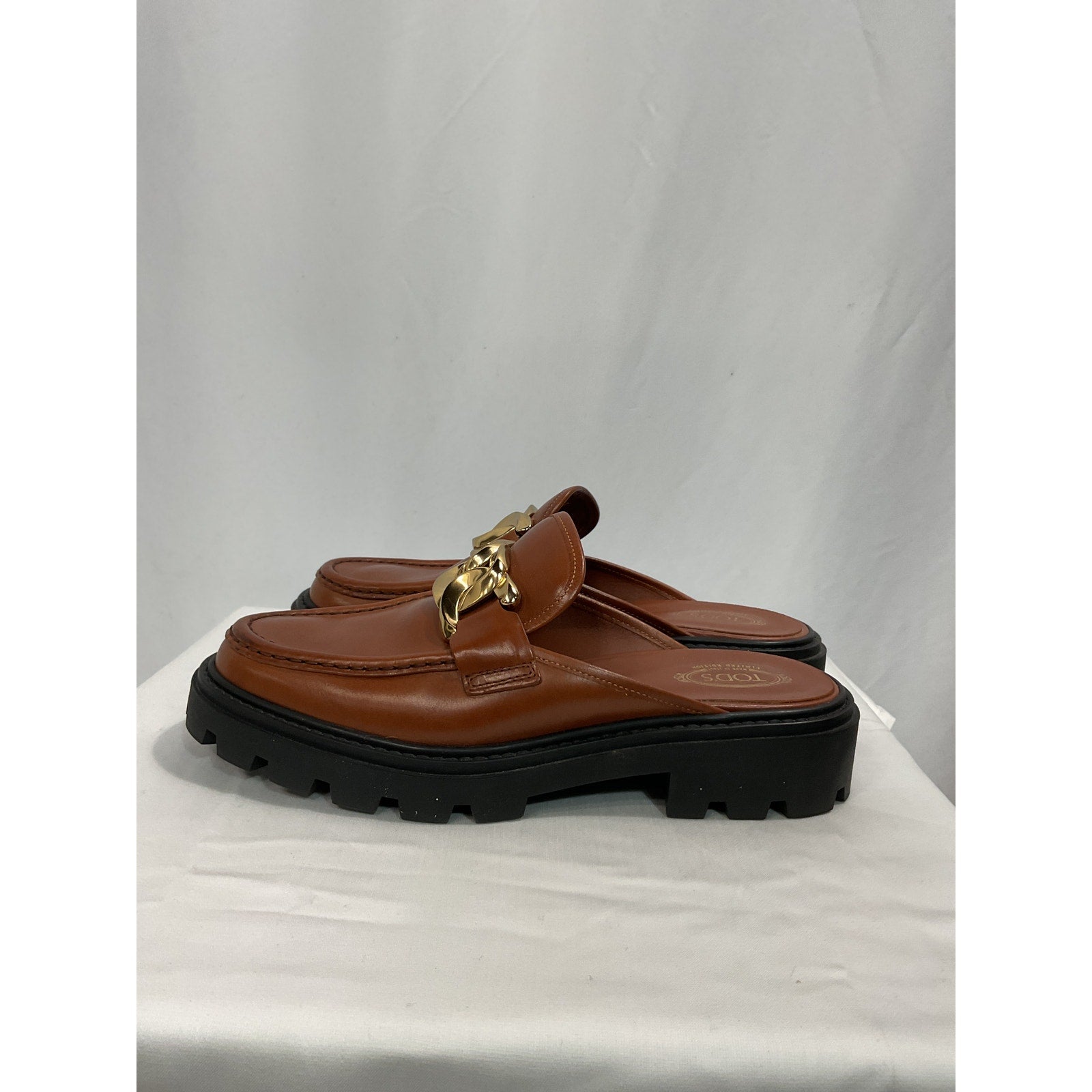 Tod's 'Gomma' Brown Pesante Gold Chain-Embellished Leather Mules Size 9