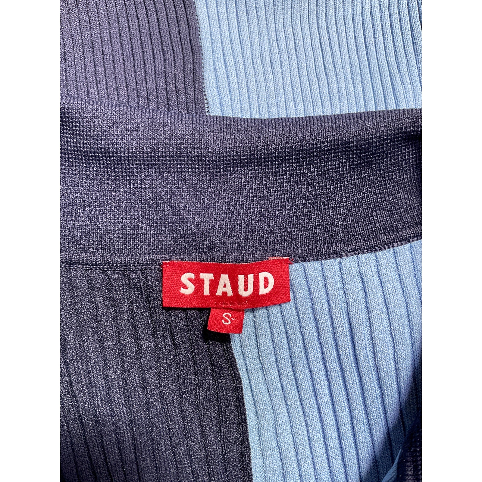 Staud 'Brice' Blue Viscose Two-Tone Ribbed-Knit Top Size S