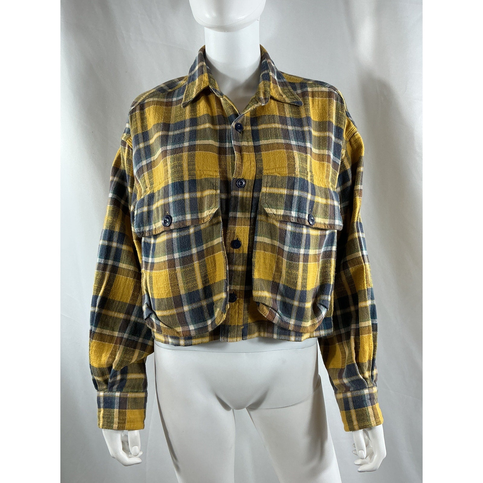 R13 Cropped Plaid Yellow Cotton-Flannel Shirt Size SM