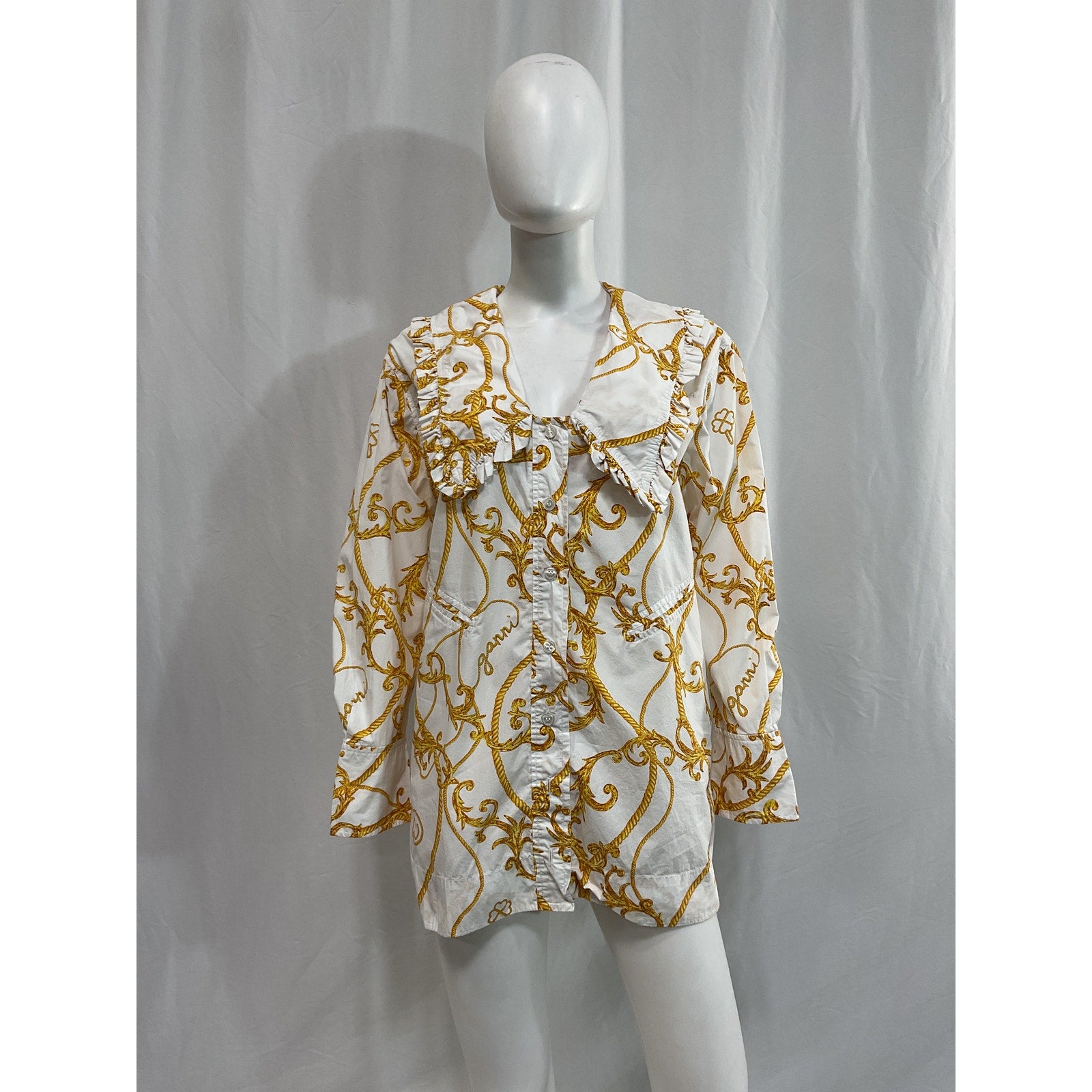 Ganni 'Oversized' White Ruffled Printed Organic Cotton-Poplin Blouse Size 34
