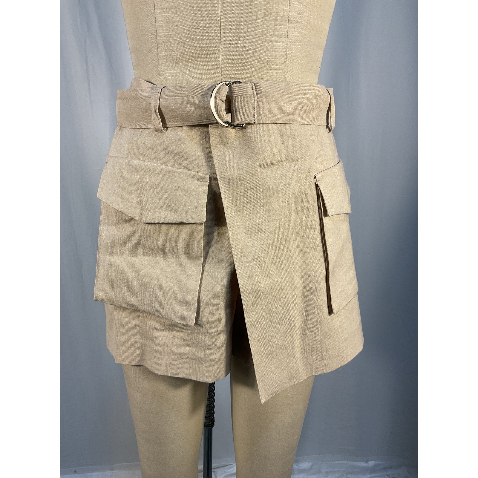 Maje 'Asymmetric' Tan Linen Blend Cargo Shorts Size 1