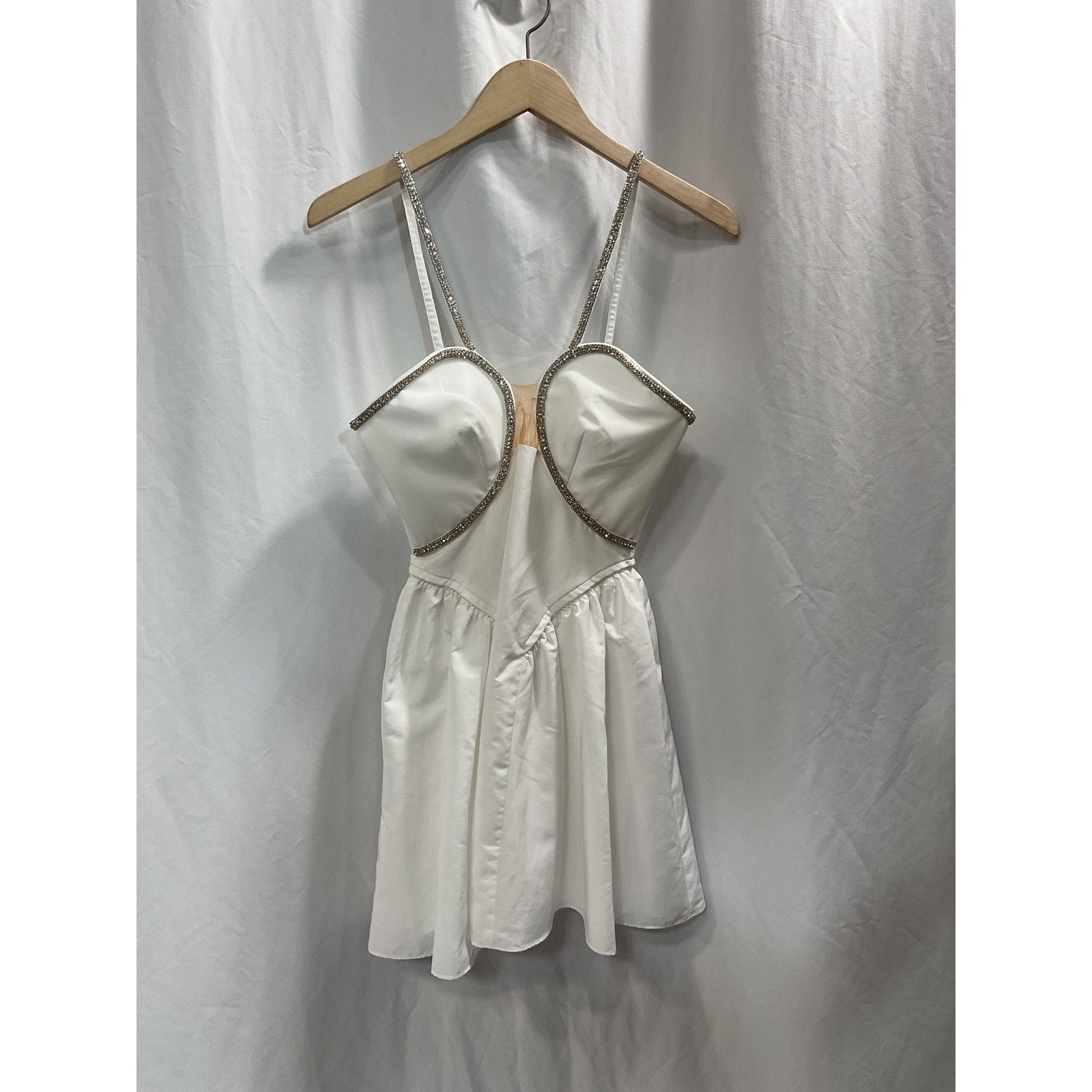Self-Portrait 'Flared' White Crystal Embellished Sateen Mini Dress Size 2 - NWT