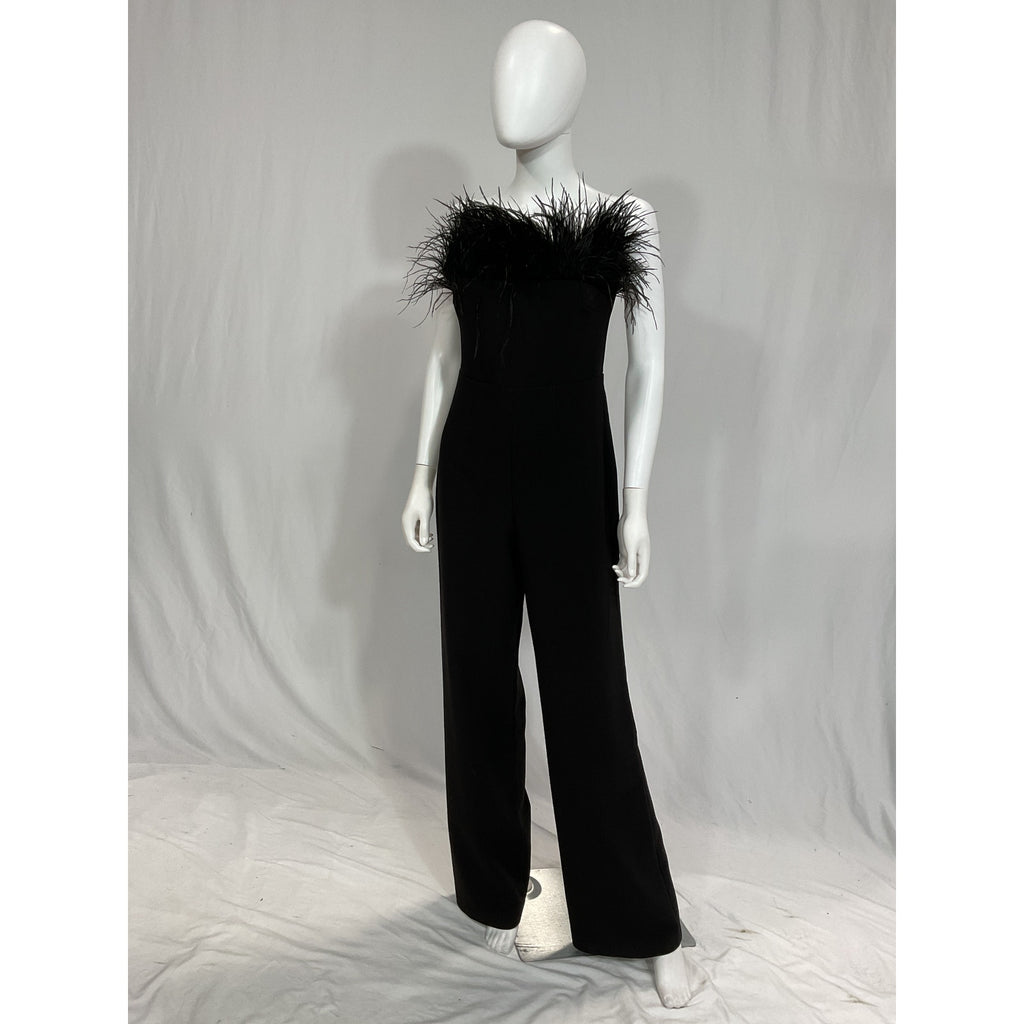 Likely 'Desi' Black Feather Trim Jumpsuit Size 6