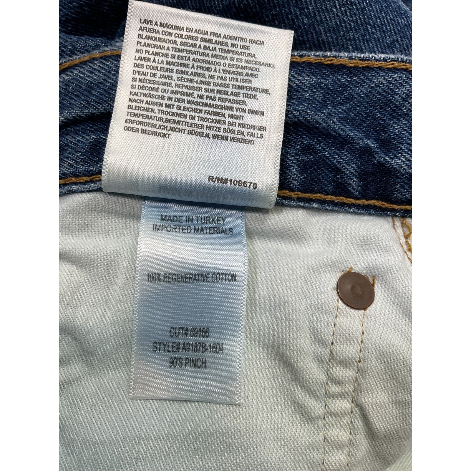 Agolde '90'S' Blue Cotton Pinch Waist High Rise Straight Long Denim Jean Size 27