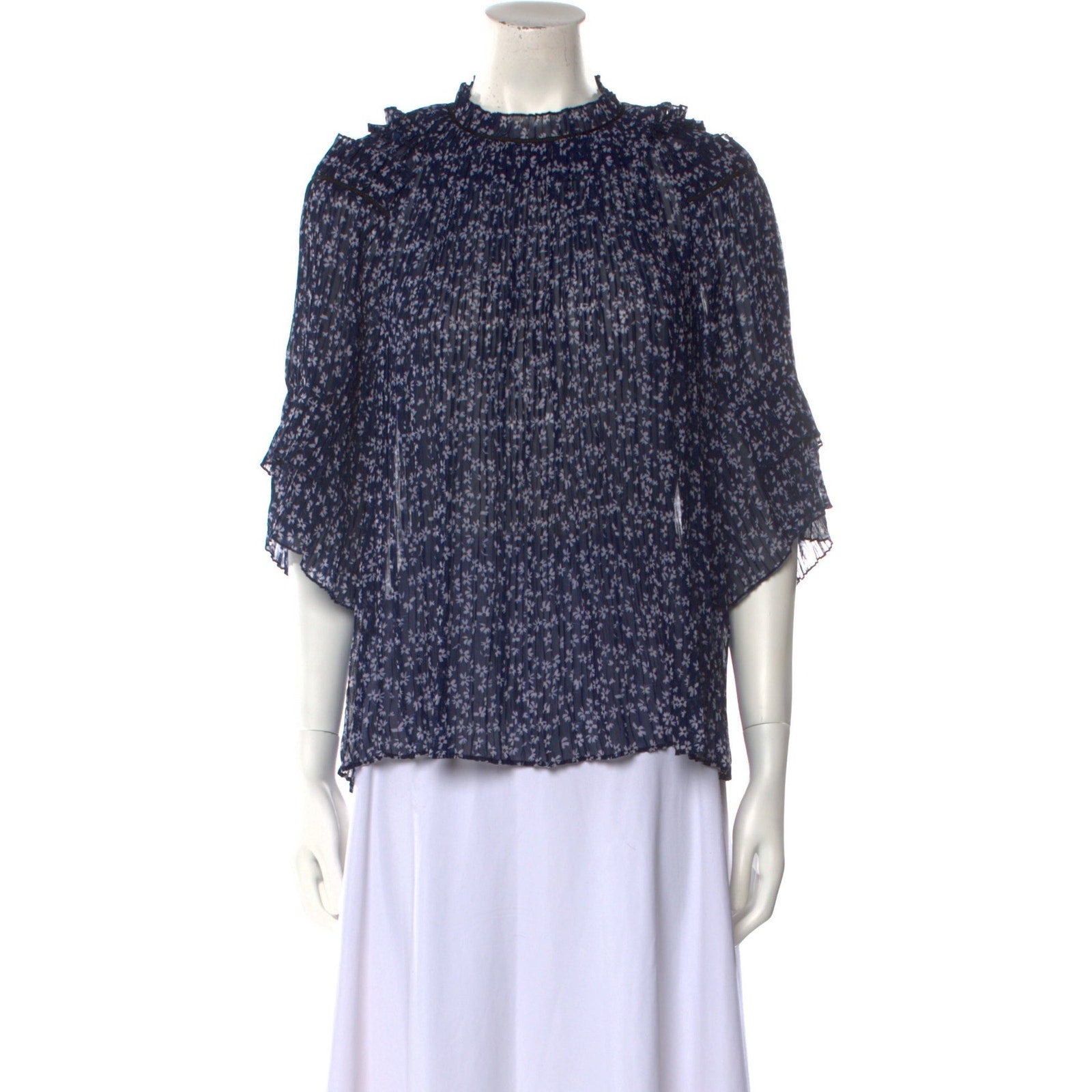 Saloni Floral Print Blue Polyester Mock Neck Blouse Size 8