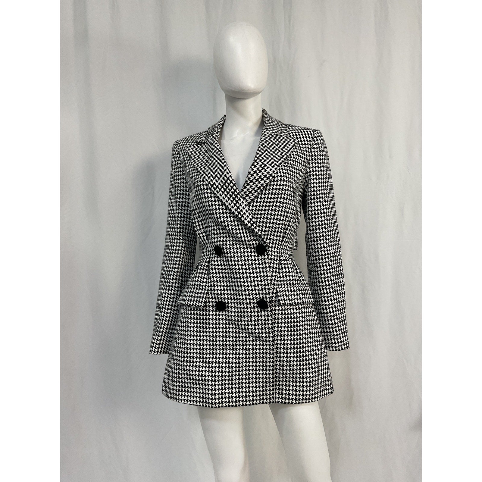 Self-Portrait 'Houndstooth' Black Cotton Double-Breasted Mini Dress Size 4