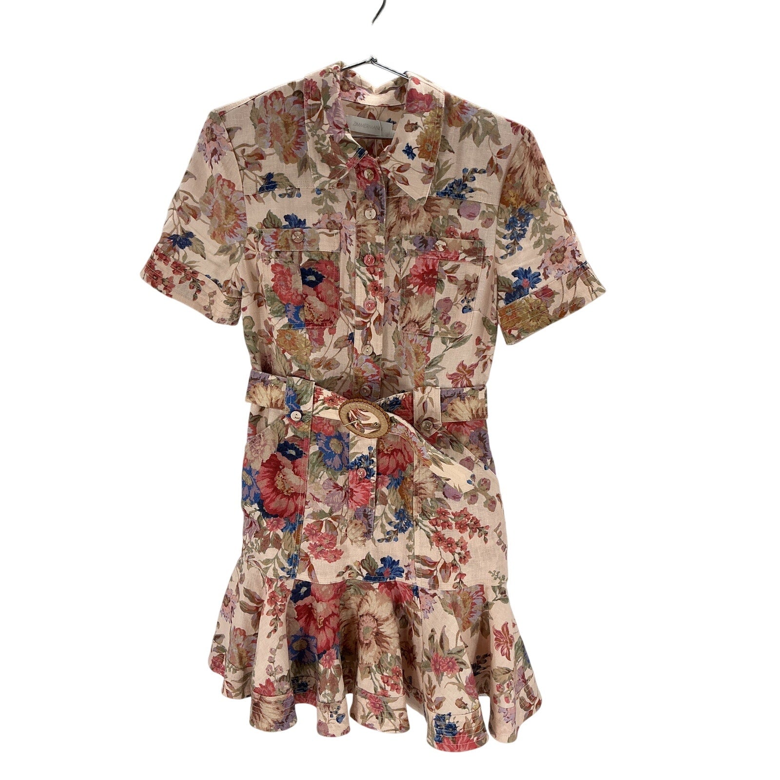 Zimmermann 'August' Beige Linen Belted Floral Mini Dress Size 2
