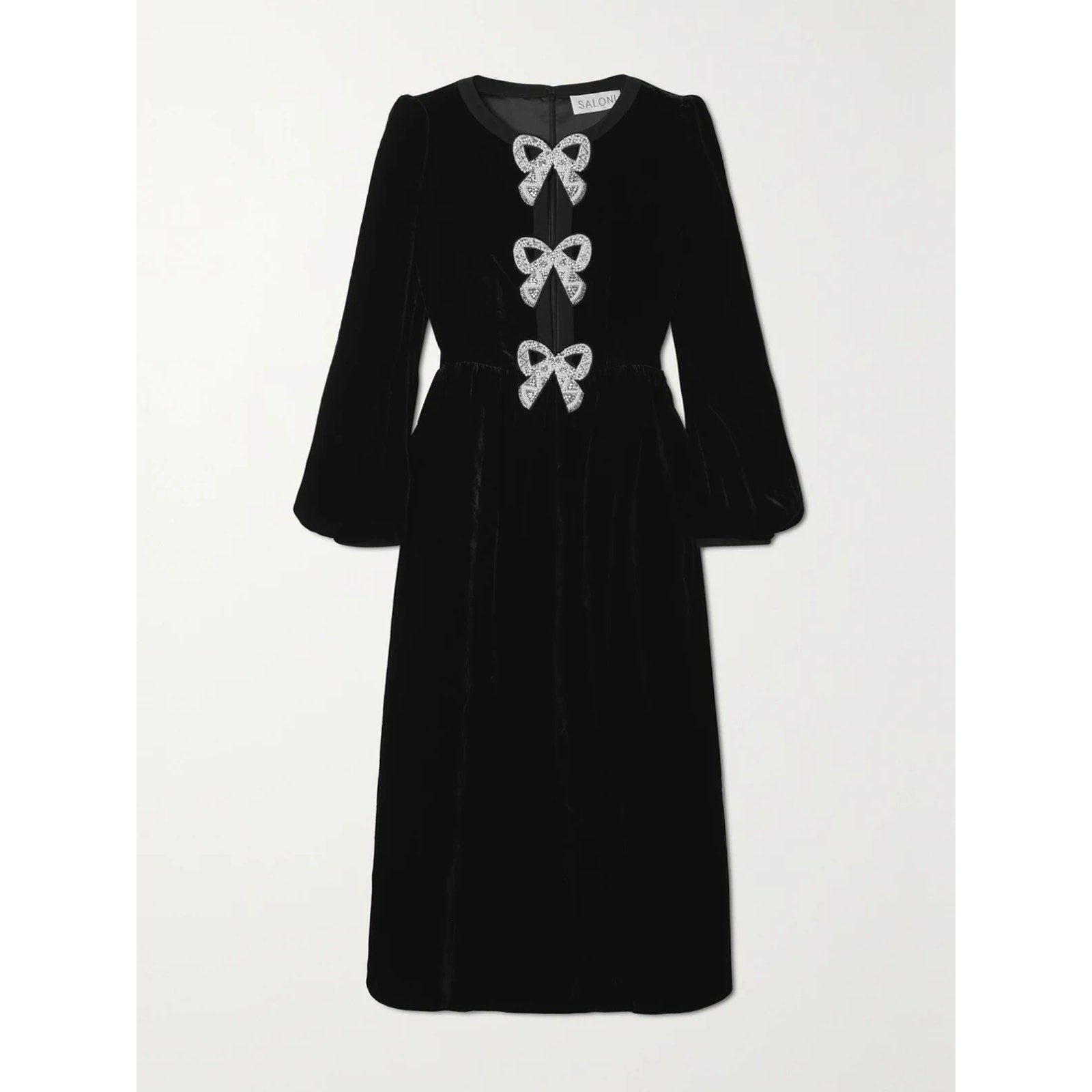Saloni 'Camille' Black Rayon Bow-Embellished Velvet Midi Dress Size 0