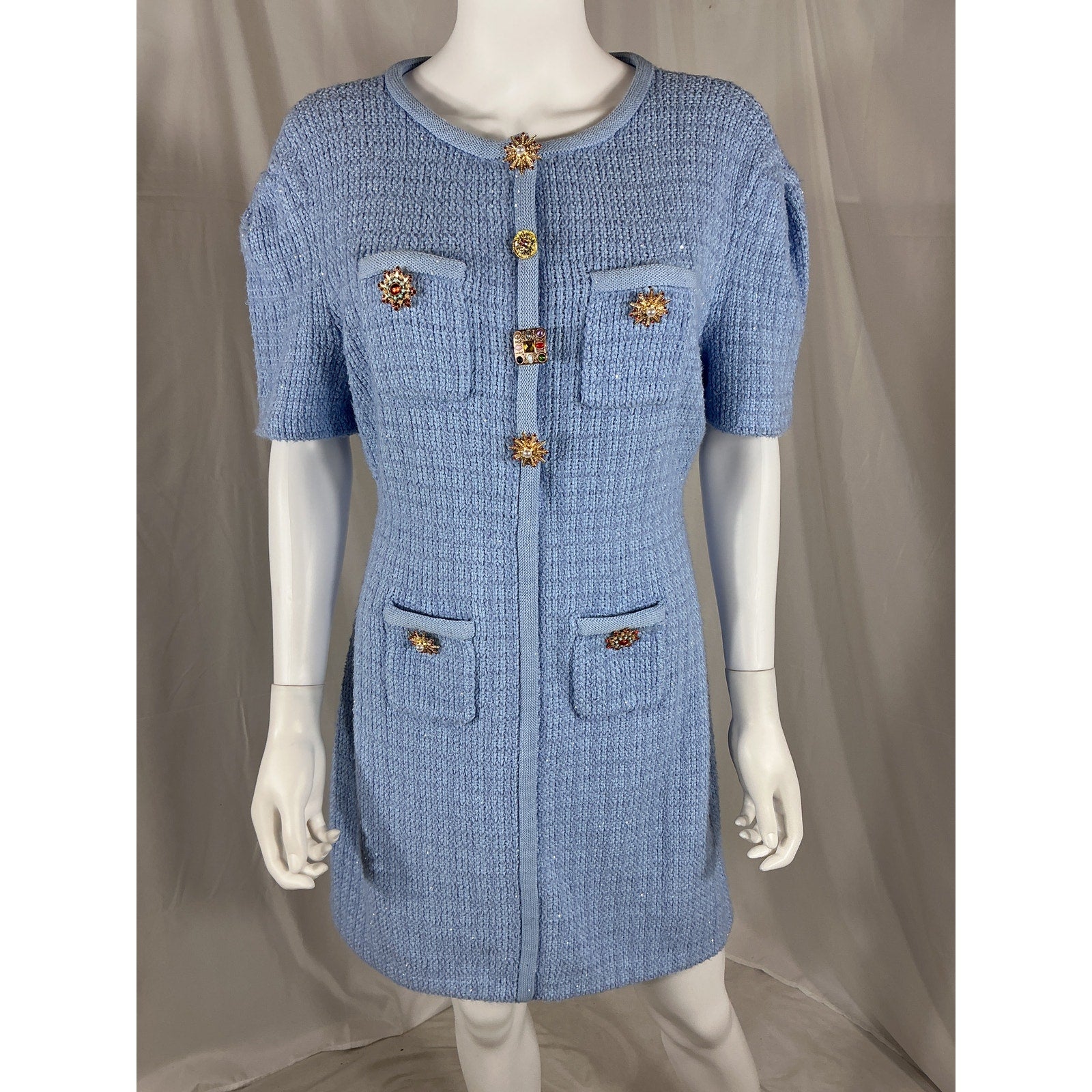 Self-Portrait 'Jewel' Blue Viscose Button Knit Mini Dress Size L