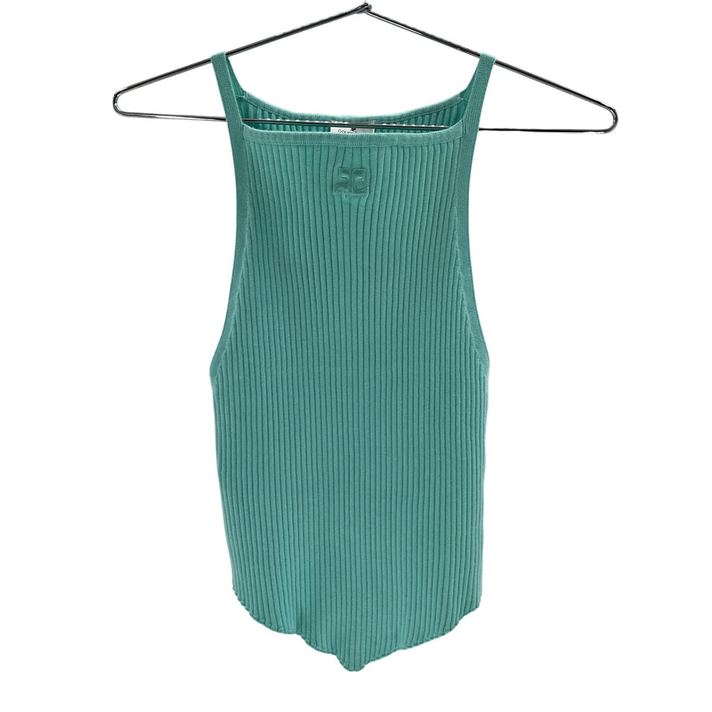 Courr�Ges Ribbed-Knit Blue Viscose Pointed-Hem Tank Top Size S
