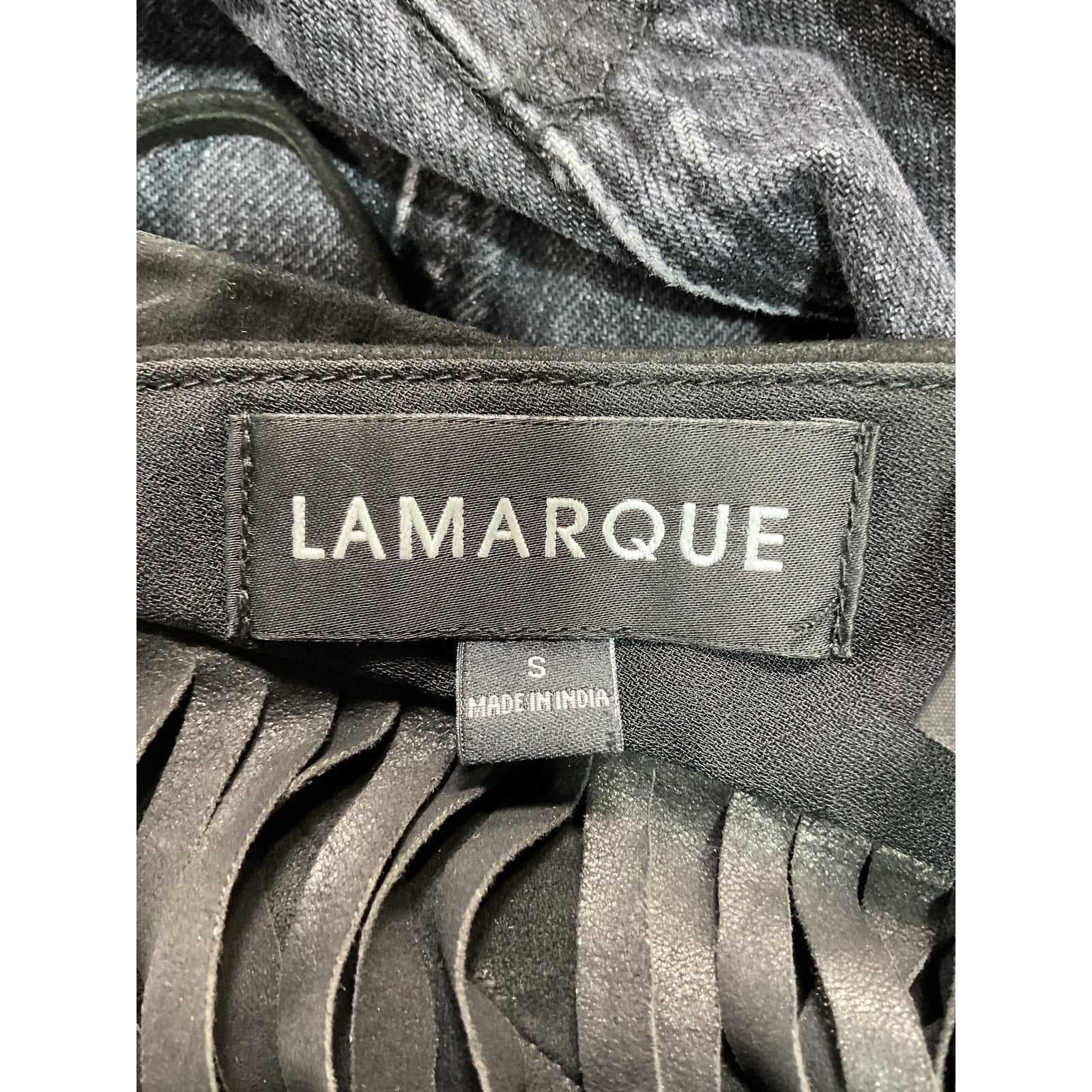 Lamarque 'Sabbi' Black Halterneck Back Tie Fringe Trim Suede Leather Top Size S
