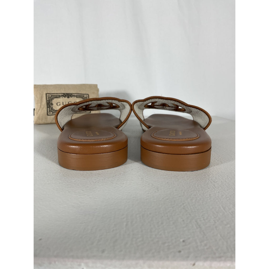 Gucci Interlocking G Brown Leather-Trimmed Slides Size 9