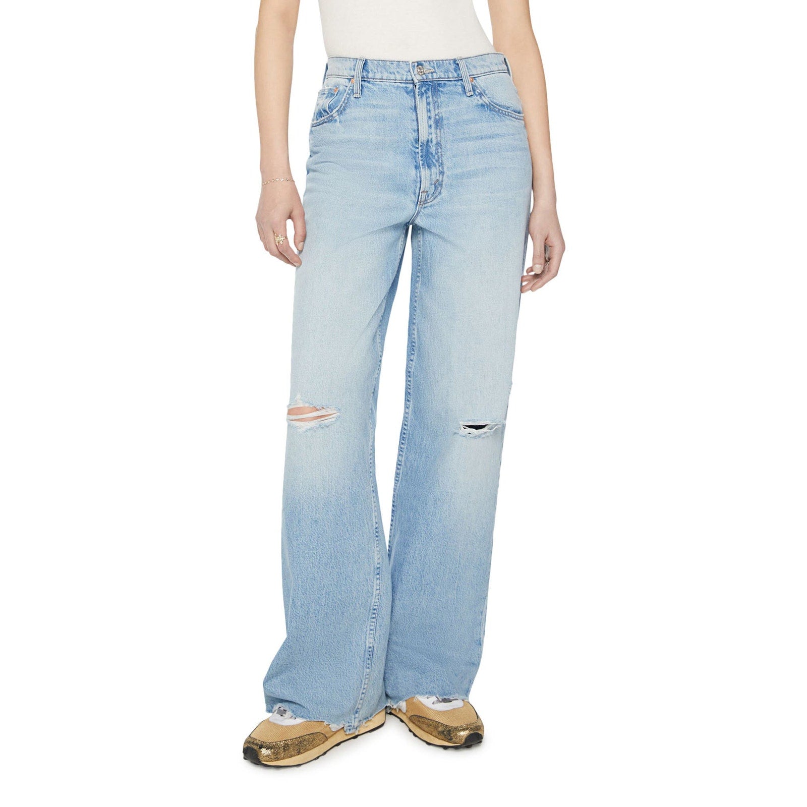 Mother 'Spinner' Blue Cotton Destroyed High Waist Wide Leg Jeans Size 28