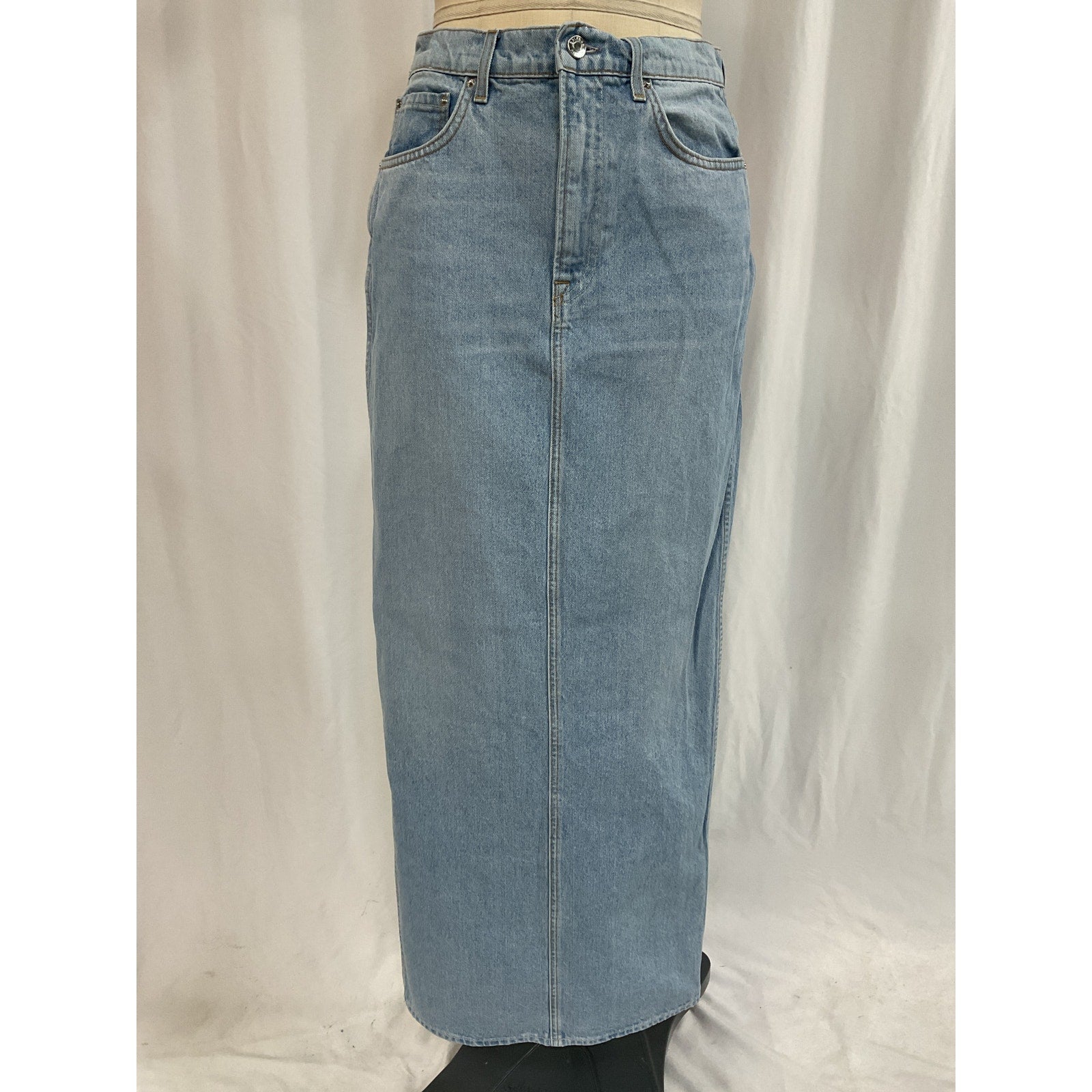 Grlfrnd 'Amara' Blue Pencil Skirt With Back Slit Size 29