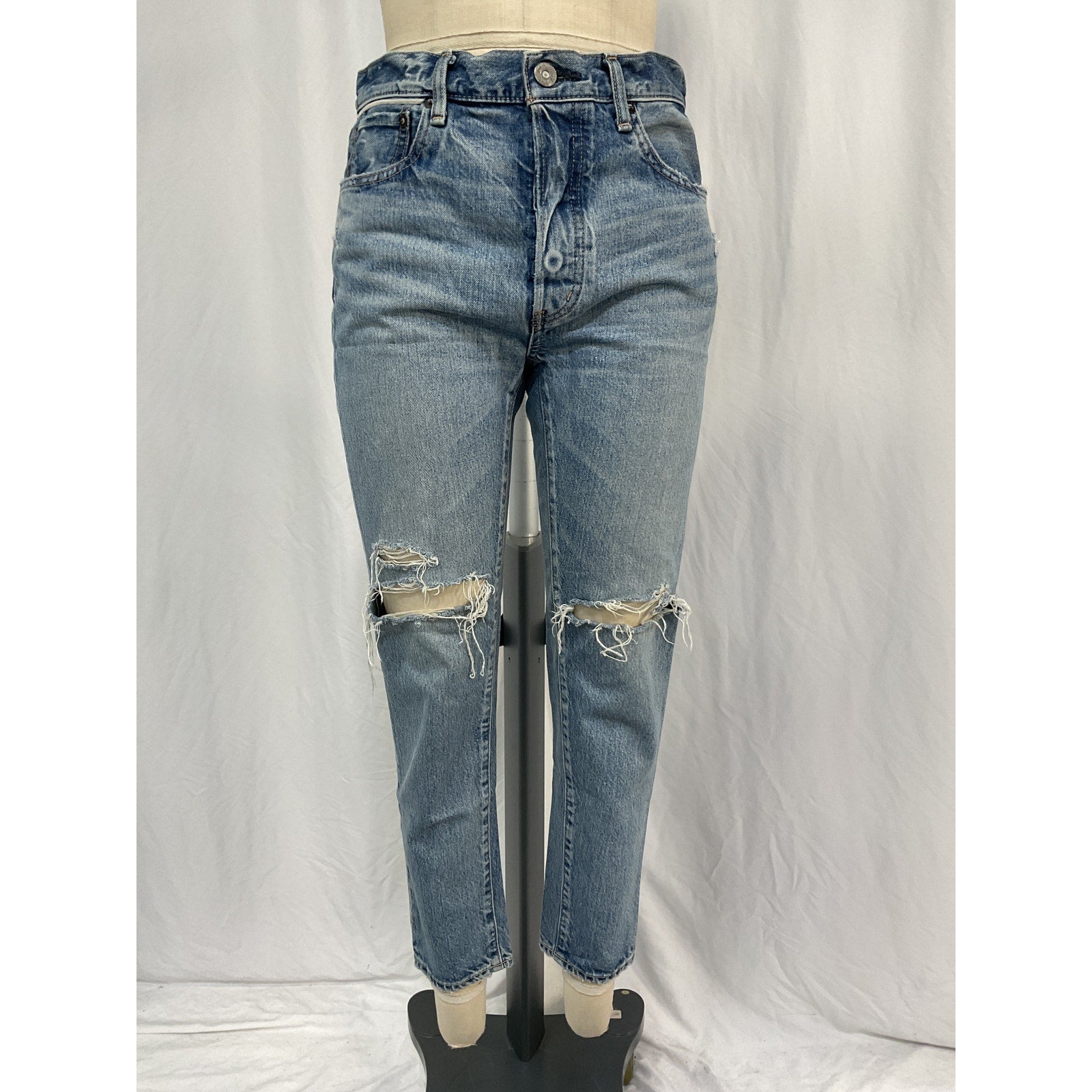 Moussy 'Humphreys' Blue Cotton High-Rise Distressed Tapered Jeans Size 27