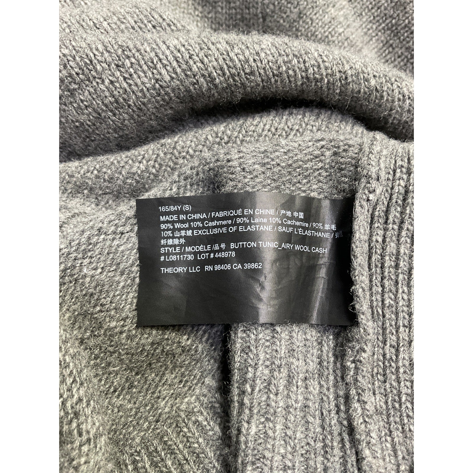Theory Button Detail Tunic Grey Wool Sweater Size S