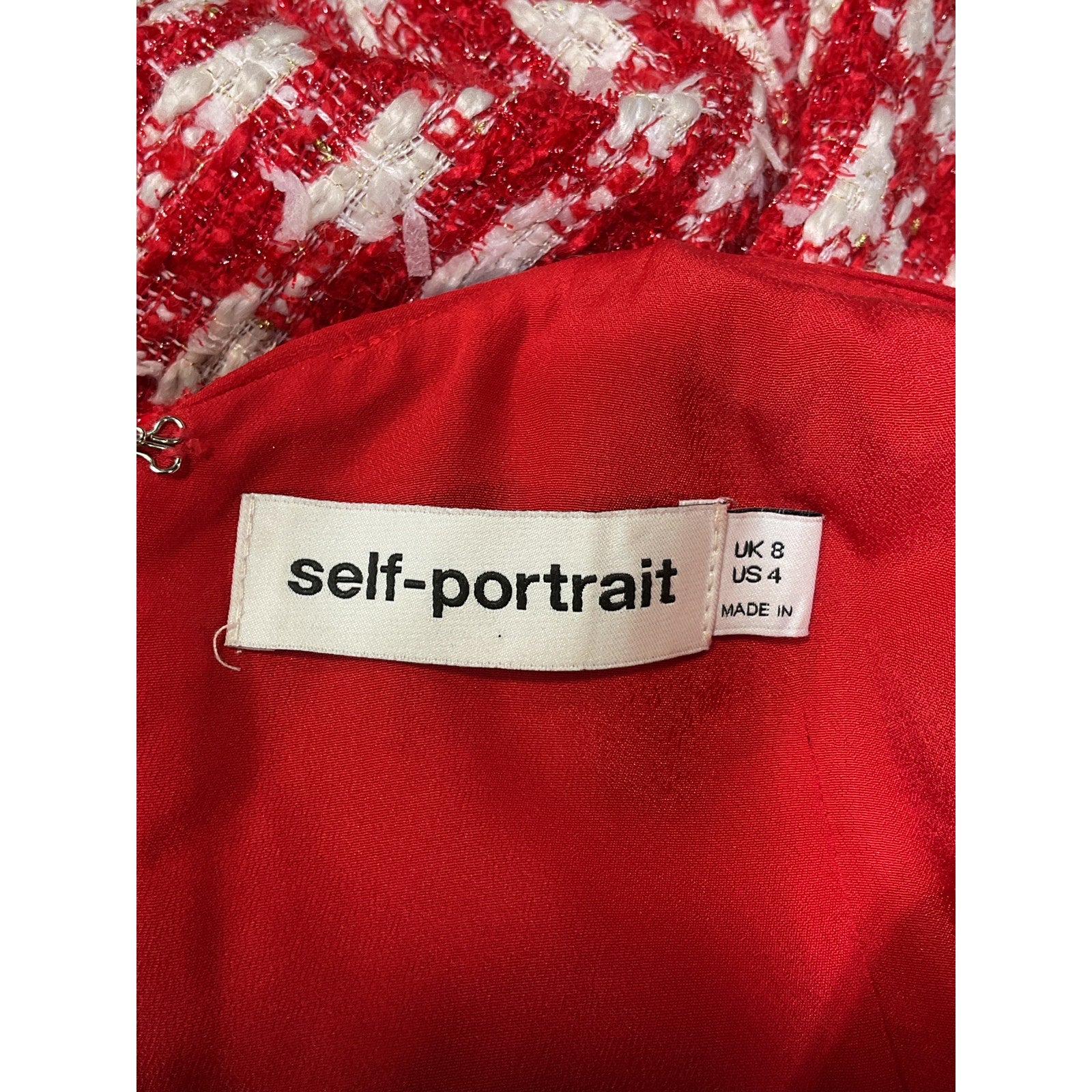 Self-Portrait 'Check' Red Crystal Embellished Boucle Mini Tweed Dress Size 4