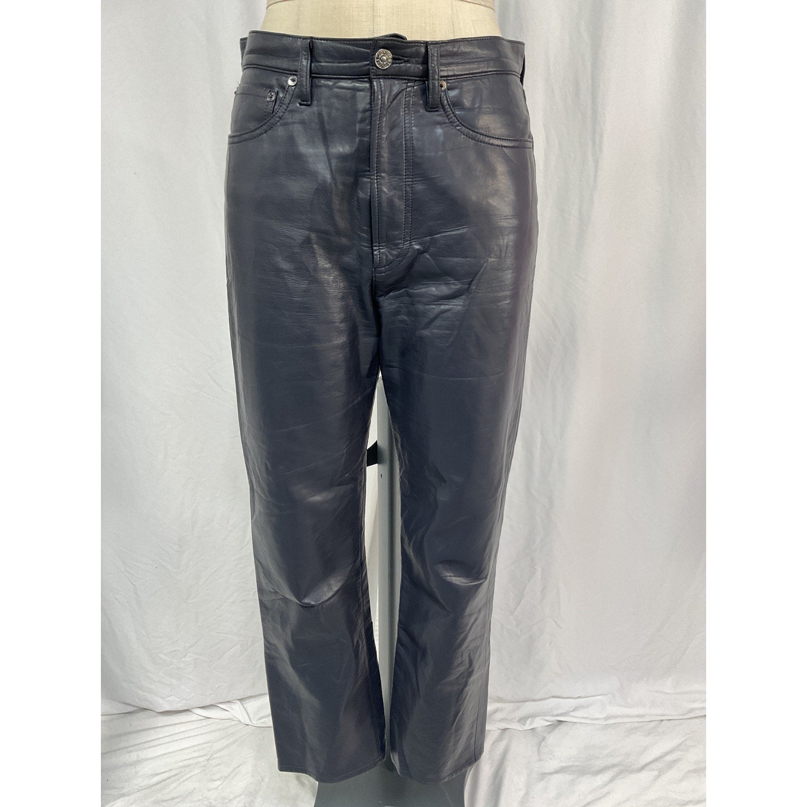 Agolde '90'S' Pinch Waist Black Leather High Rise Straight Denim Jean Size 27