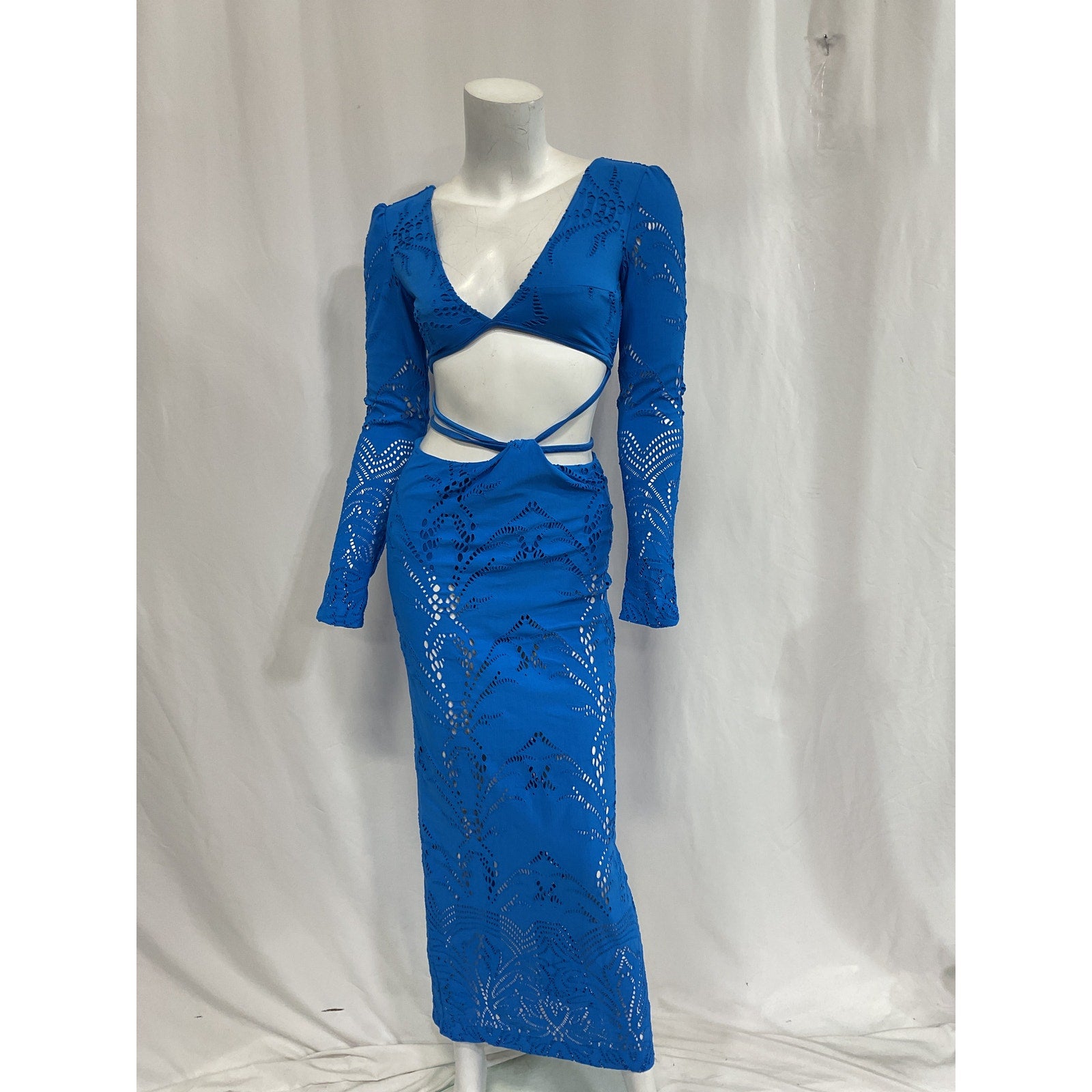 Patbo 'Stretch' Blue Lace Back Cut Out Maxi Dress Size 0