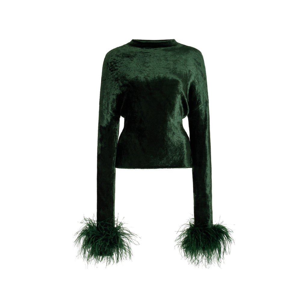 Lapointe Feather-Trimmed Green Mock Funnel Neck Long Dolman Sleeve Velvet Top Size S