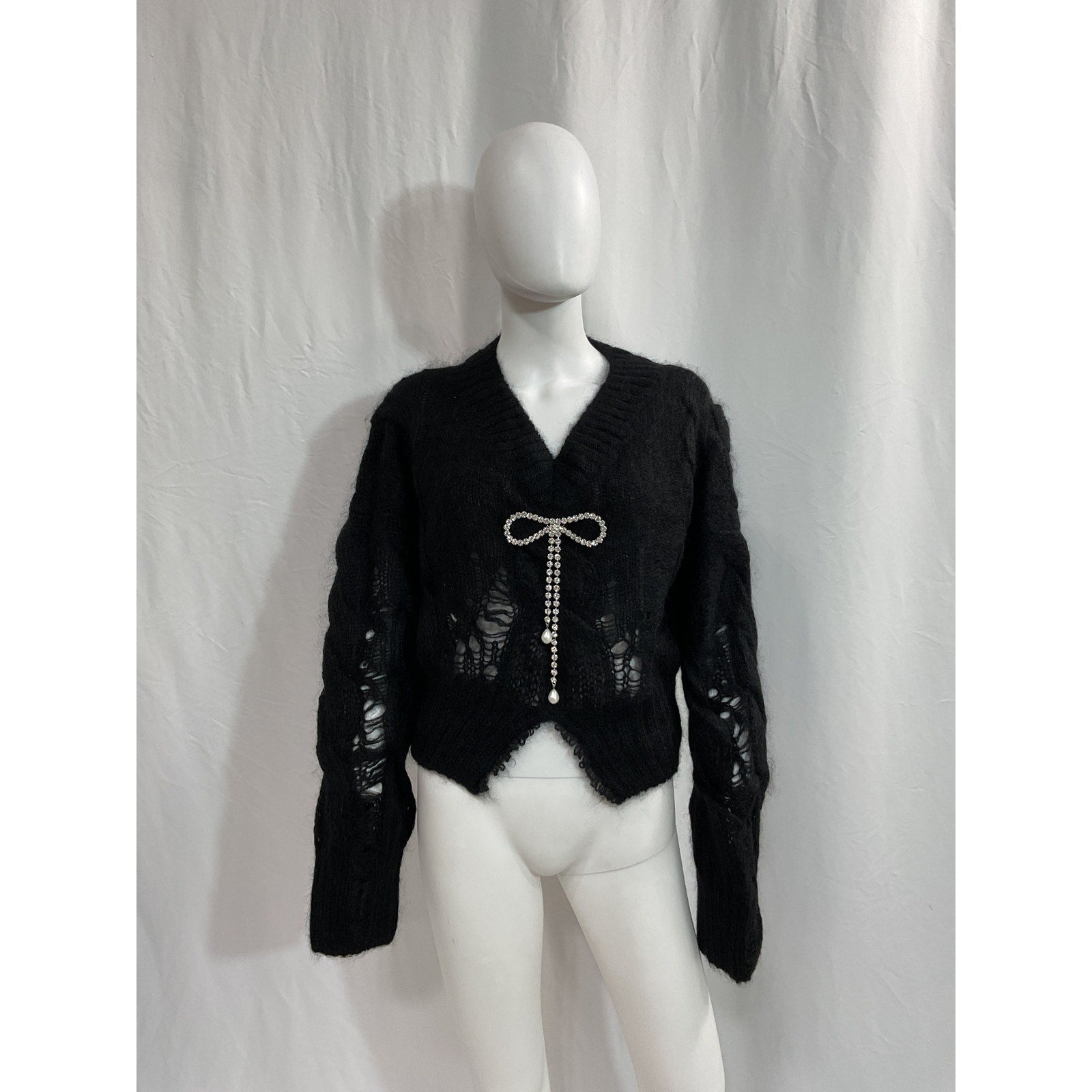 Area 'Distressed' Black Cable Knit Crystal Bow Pullover Size XS