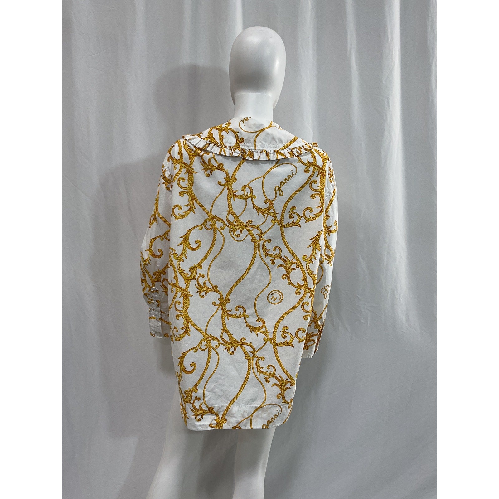 Ganni 'Oversized' White Ruffled Printed Organic Cotton-Poplin Blouse Size 34
