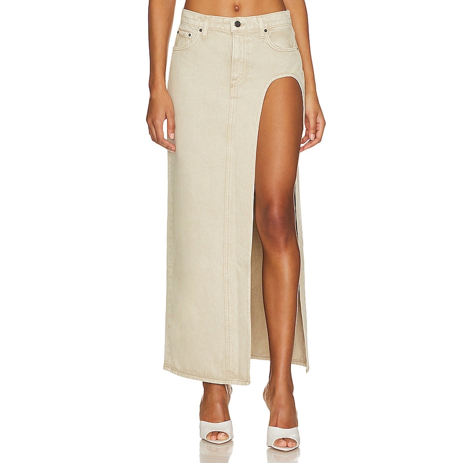 Grlfrnd 'Blanca' Tan Cotton Maxi Skirt With High Slit Size 27 - NWT
