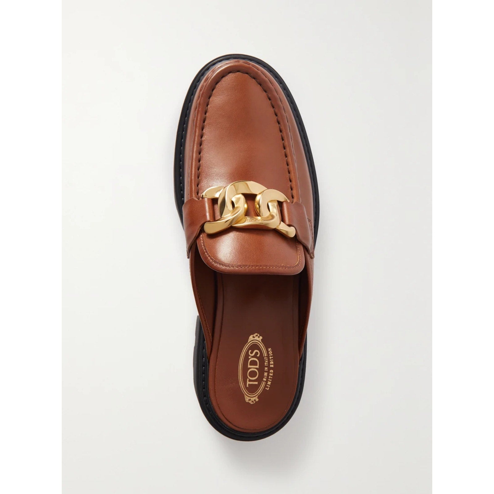Tod's 'Gomma' Brown Pesante Gold Chain-Embellished Leather Mules Size 9