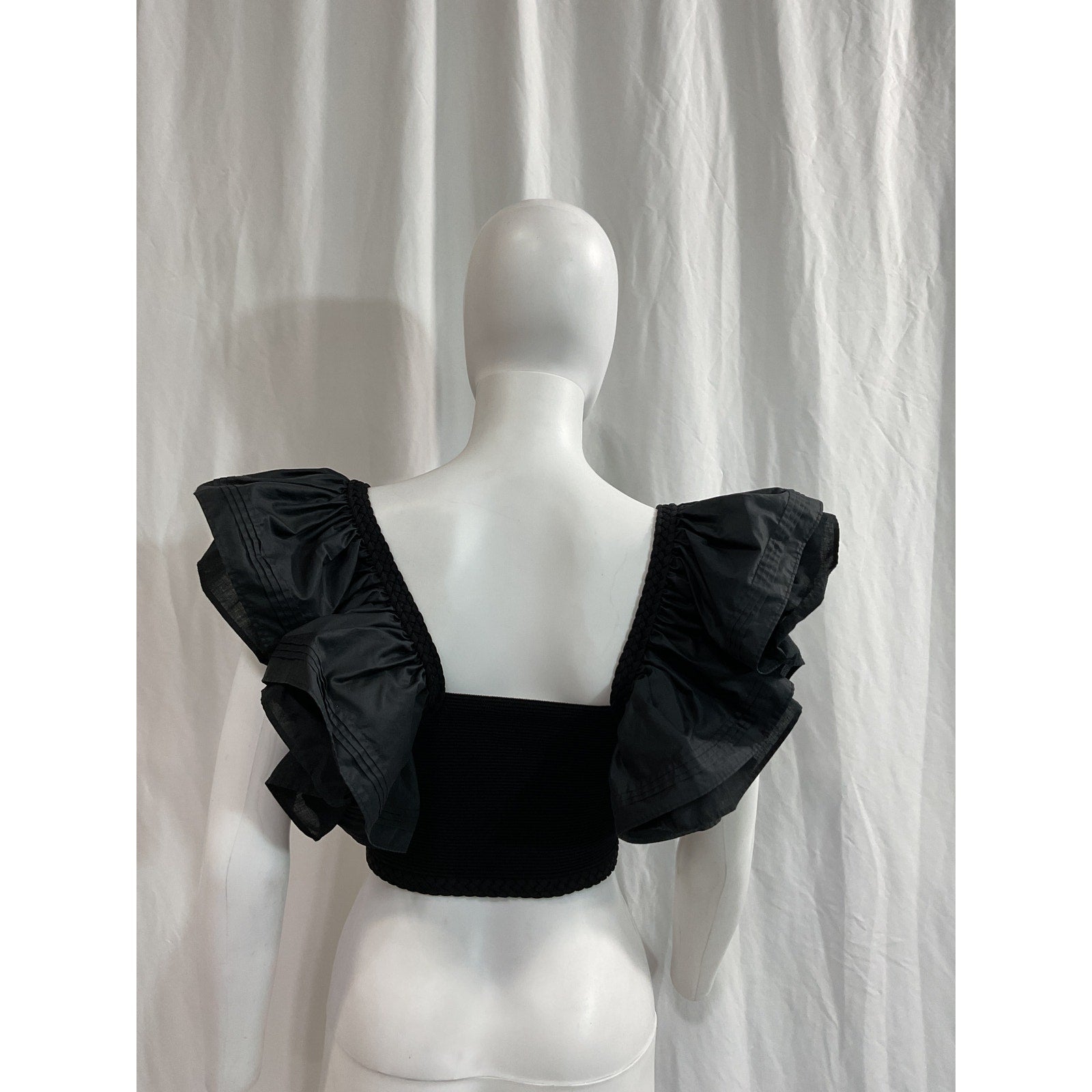 Aje 'Corinne' Black Poplin Square Neck Ruffled Knit Crop Top Size XXS