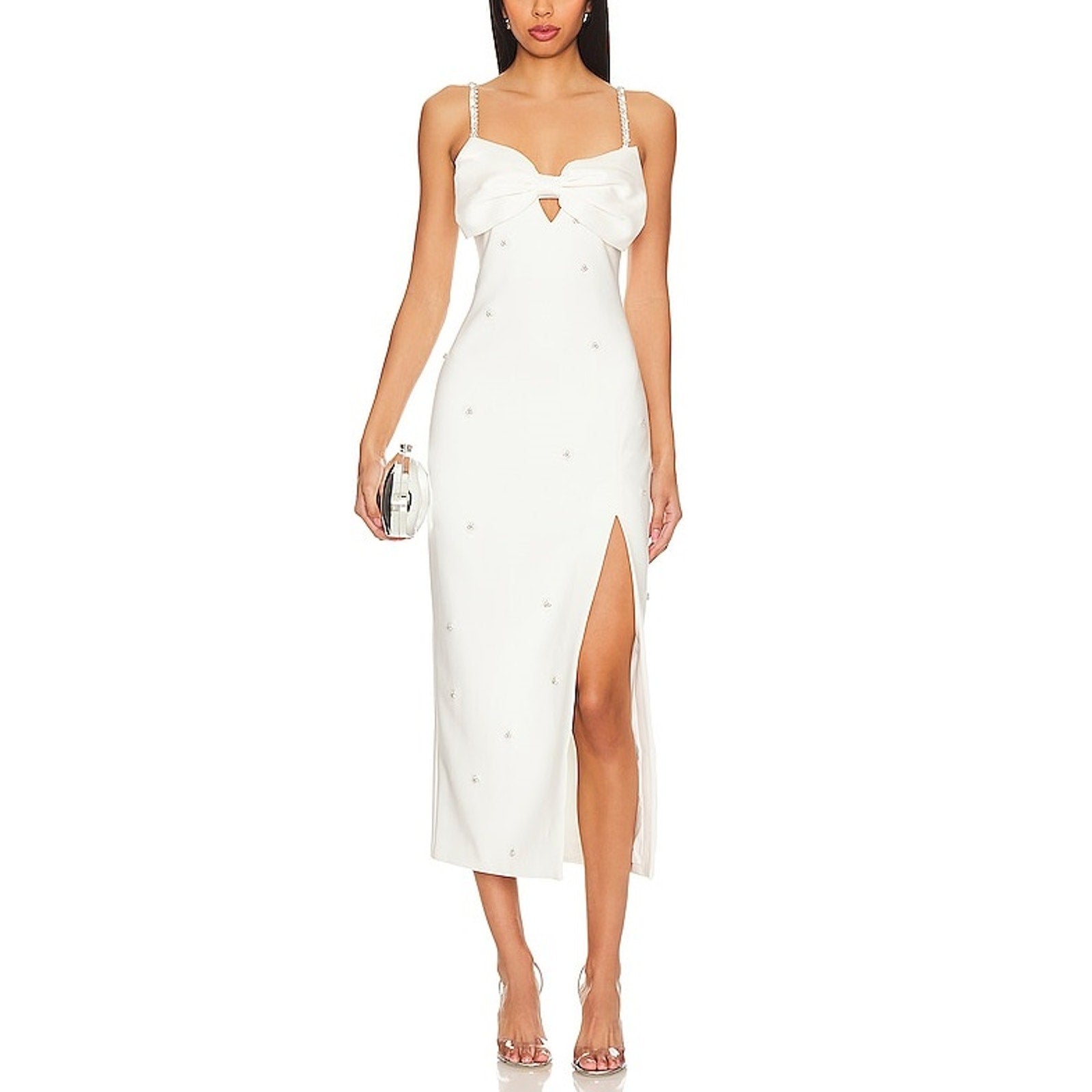 Likely 'Domenica' White Crystal Embellished Satin Bow Crepe Dress Size 6 - NWT