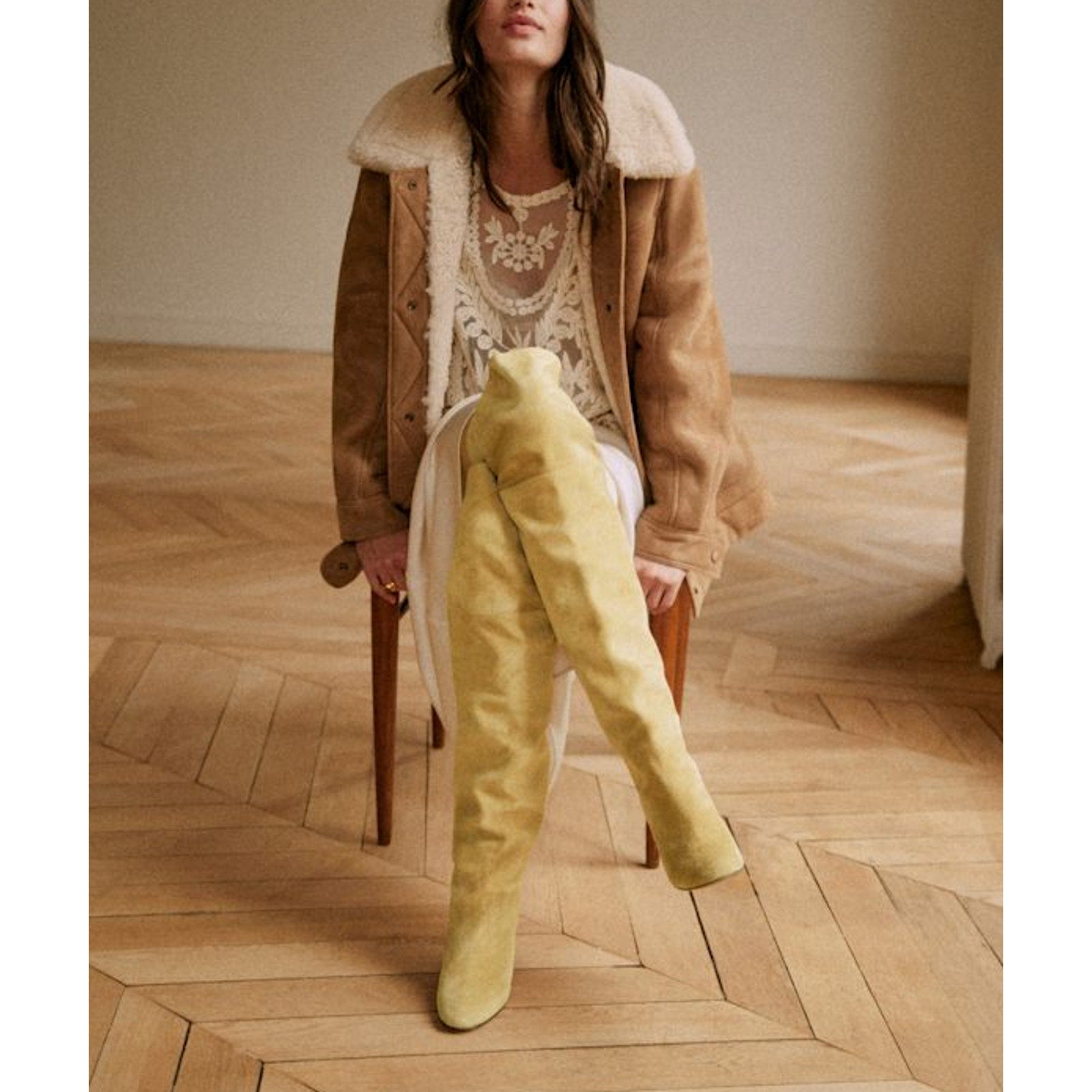 S�zane 'Anaelle' Yellow Leather Thigh High Boots Size 6