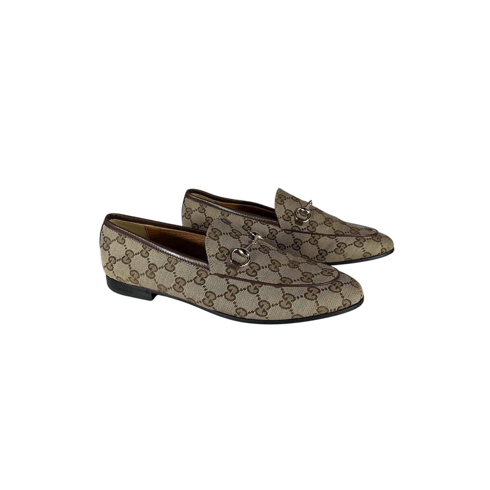 Gucci Jordaan Brown Leather GG Canvas Loafer Size 9