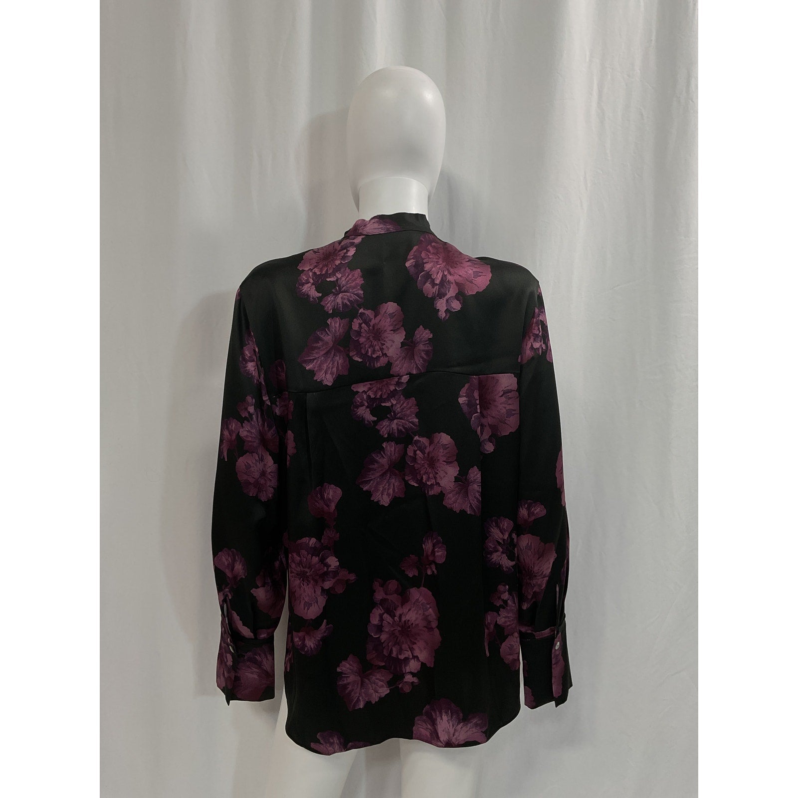 Vince 'Begonia' Black Floral Silk Banded Long Sleeve Collar Shirt Size M