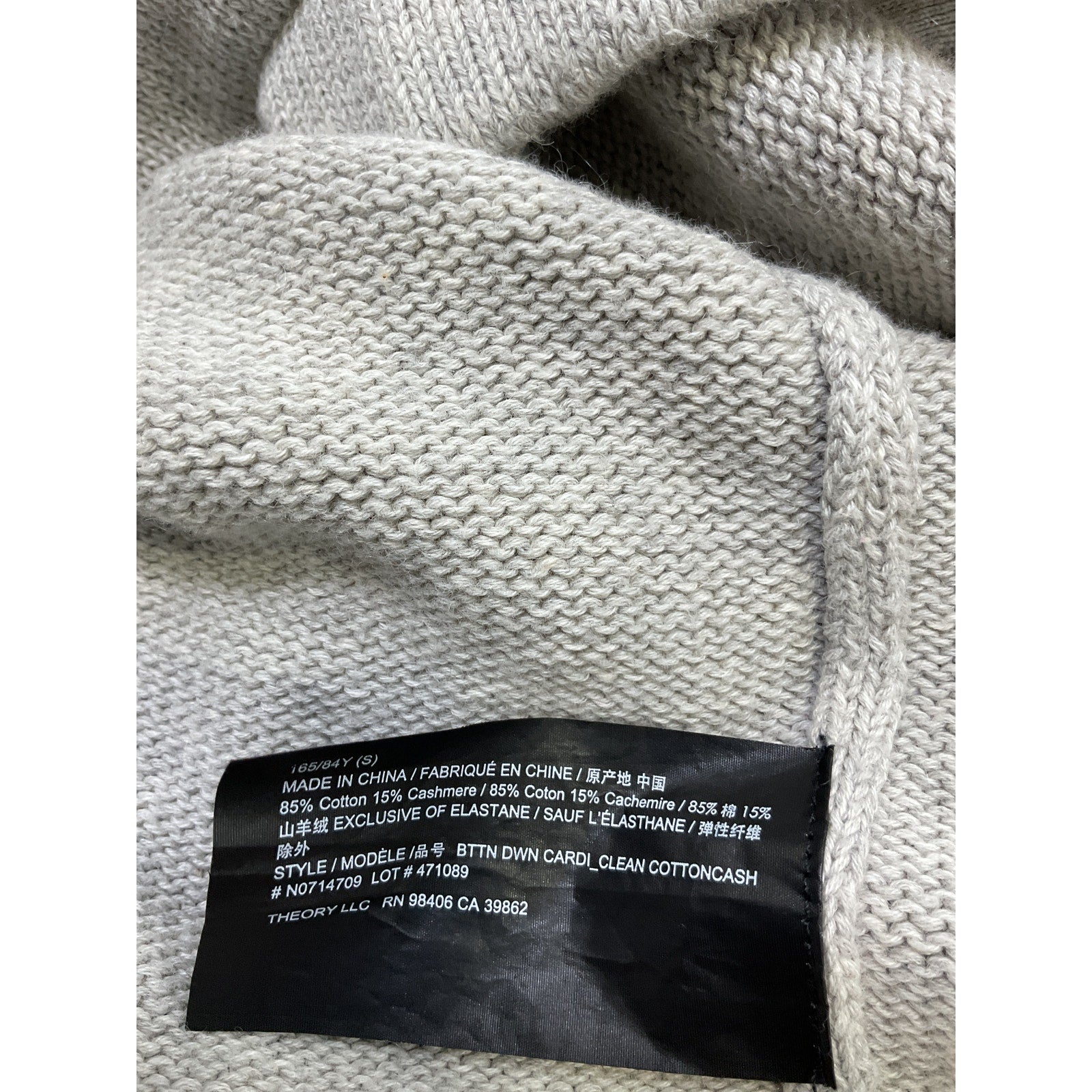 Theory Cotton-Cashmere Grey Cotton Cardigan Size S