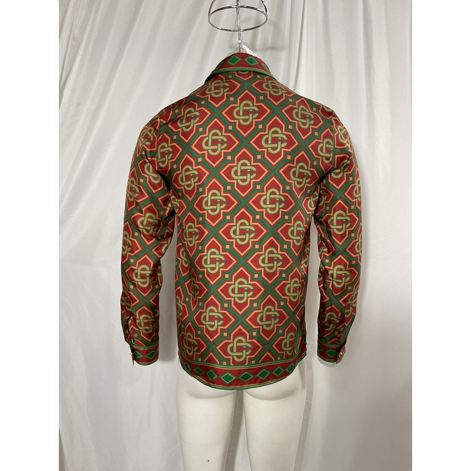 Casablanca 'Diamond' Red Monogram Long Sleeve Collared Silk Shirt Size S