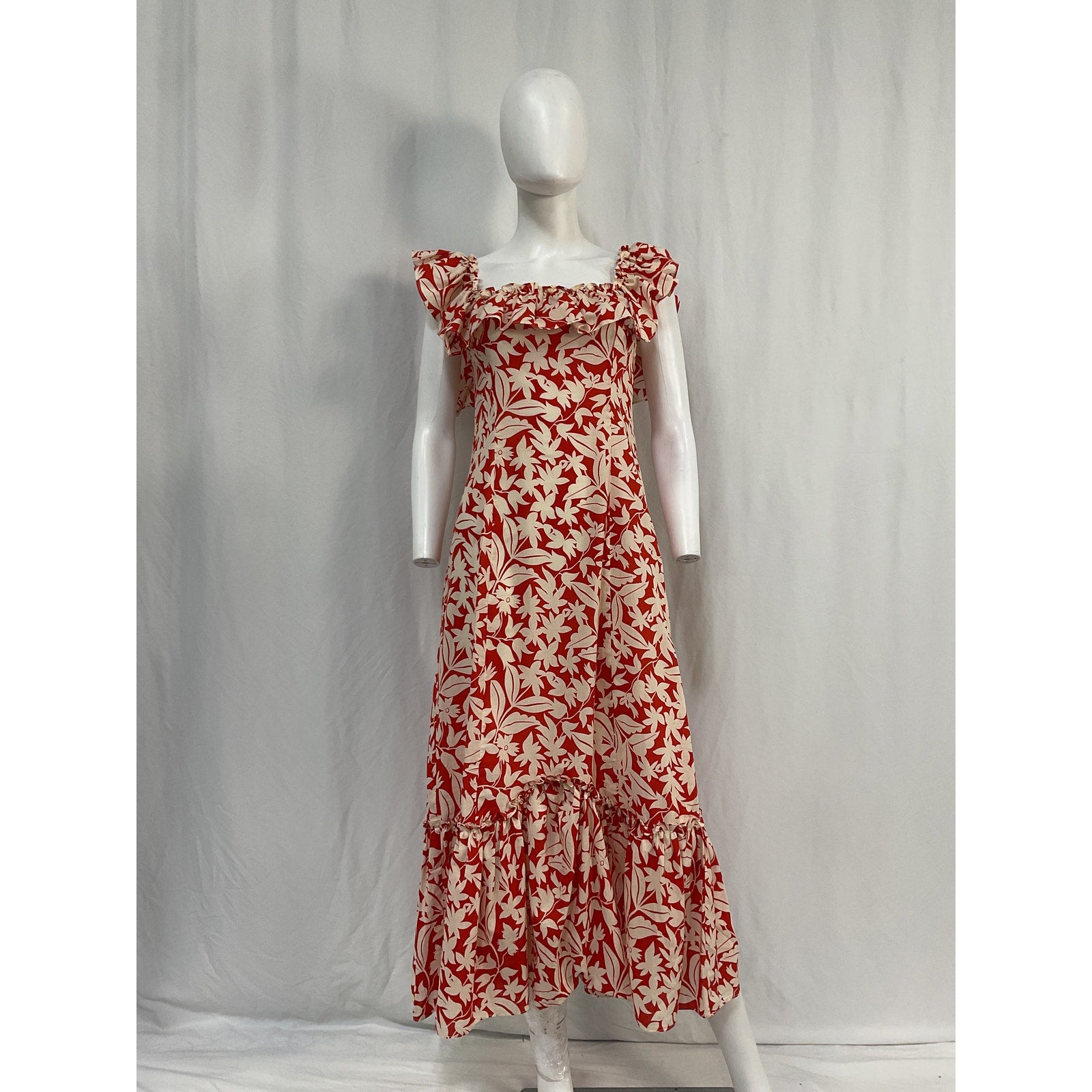 Rixo June Ruffled Red Cotton Floral-Print Cotton-Voile Midi Dress Size 2