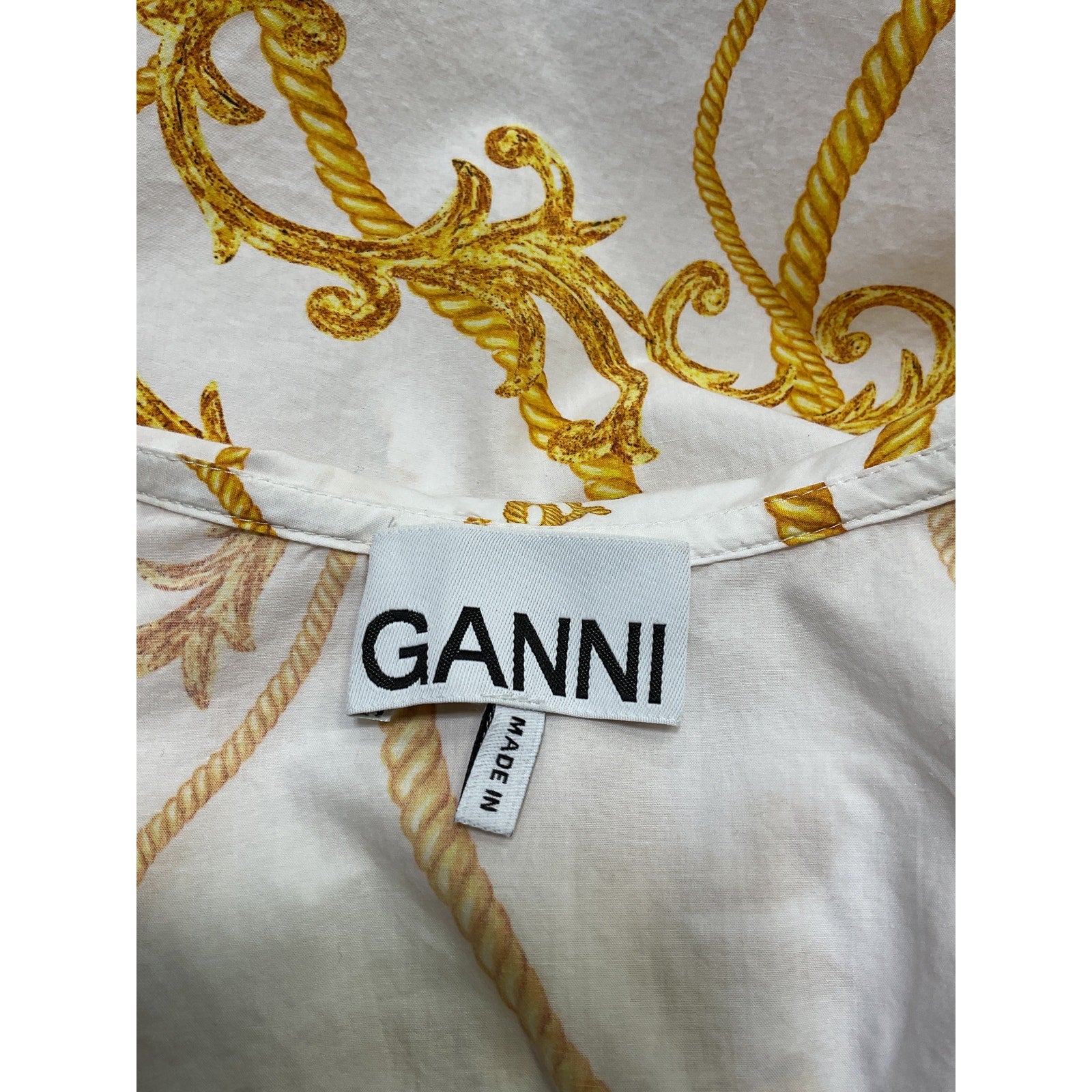 Ganni 'Oversized' White Ruffled Printed Organic Cotton-Poplin Blouse Size 34