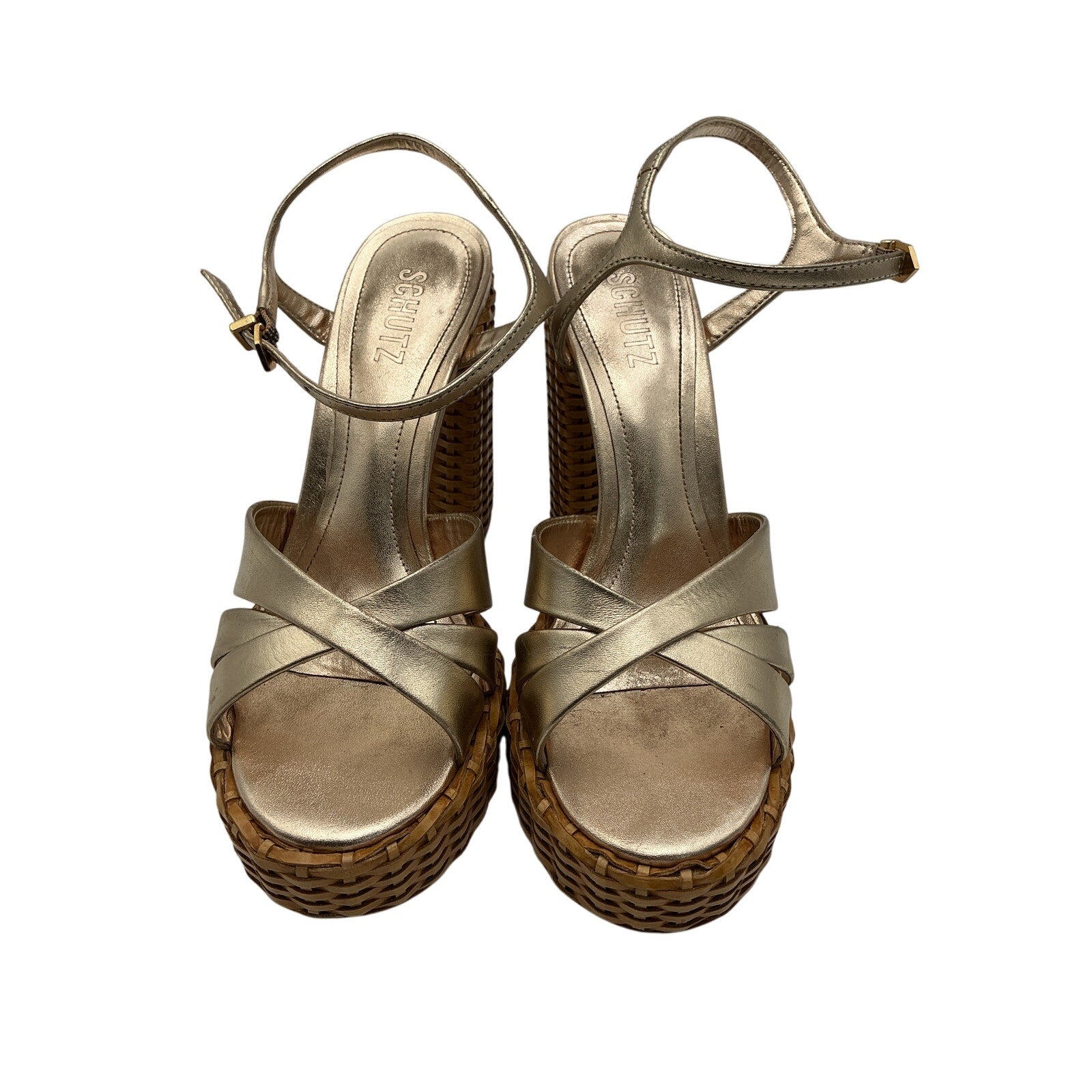 Schutz 'Keefa' Gold Leather Straw Platform Sandals Size 7.5