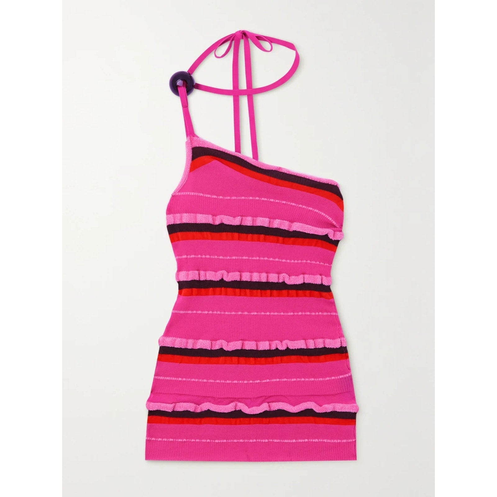 Jacquemus 'Concha' Pink Embellished One-Shoulder Ruched Striped Seersucker Top Size 2