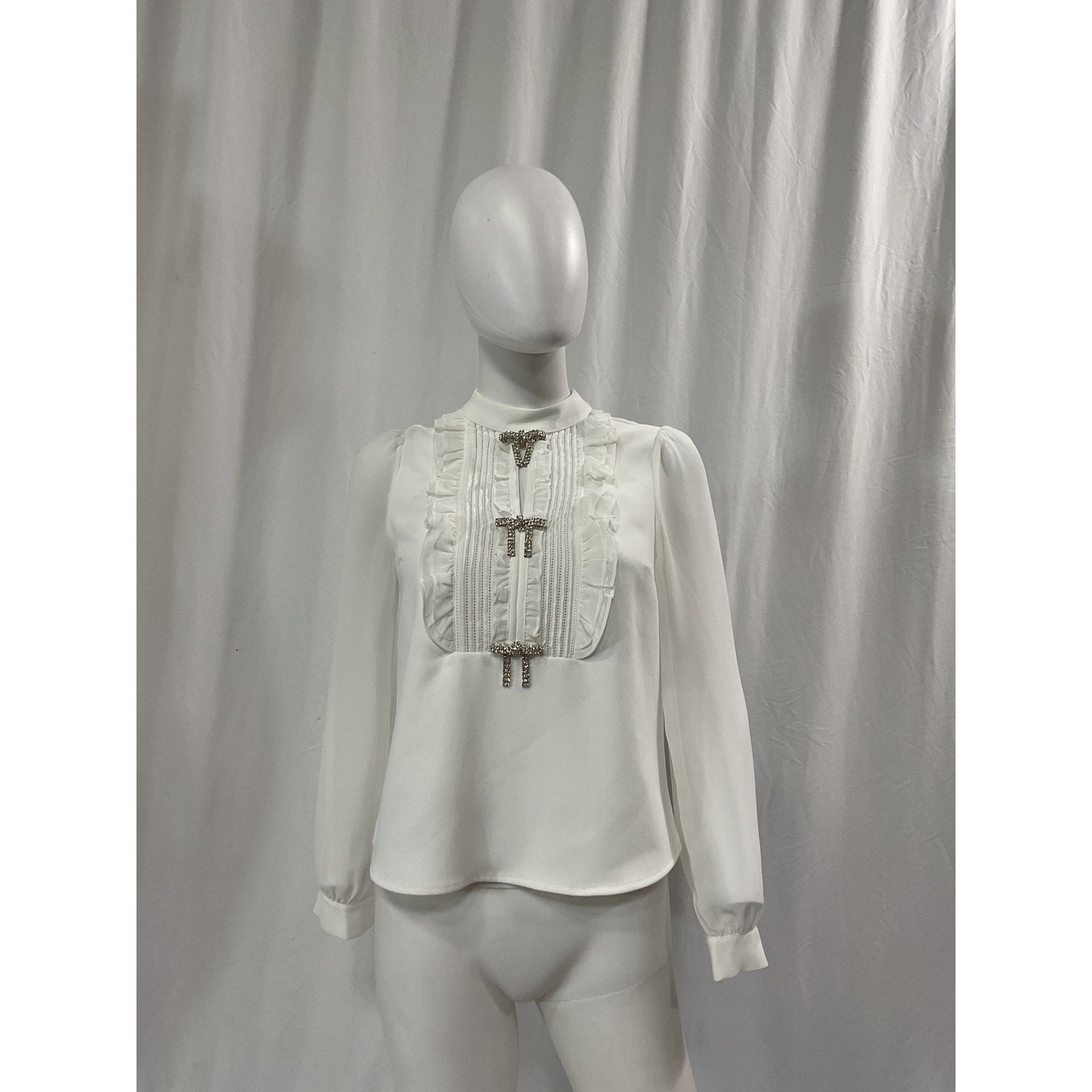Self-Portrait 'Crystal' White Chiffon Embellished Bow Ruffled Bib Blouse Size 0