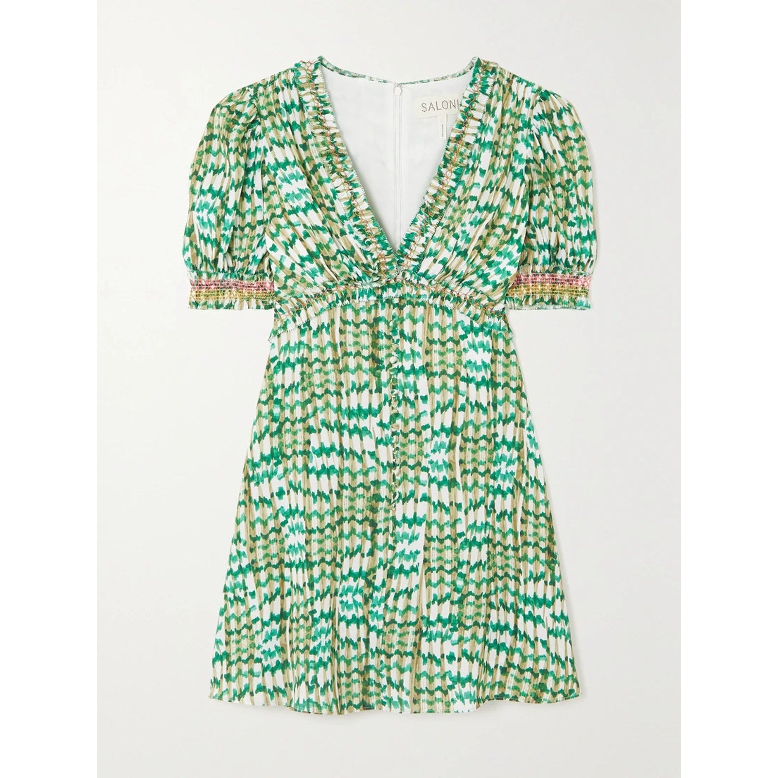 Saloni 'Lea' Green Smocked Printed Ecovero-Blend Crepe Mini Dress Size 6 - NWT