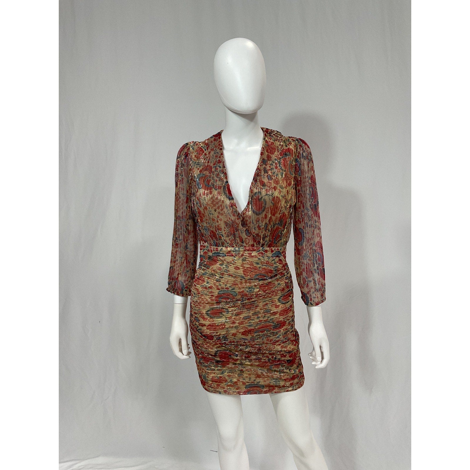Ba&Sh 'Amelia' Red V Neck Long Sleeve Floral Print Dress Size S