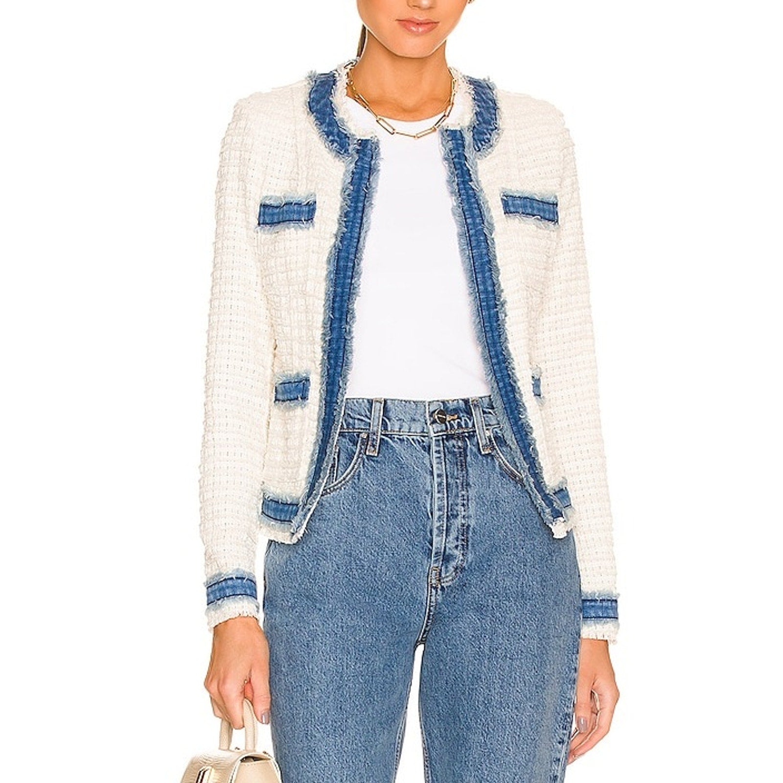L'Agence 'Agnes' White Tweed Denim Jacket Size XS