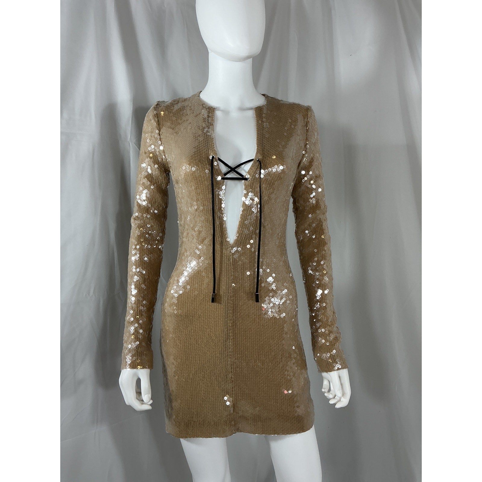 16Arlington 'Seeran' Beige Nylon Lace-Up Sequined Mini Dress Size 6