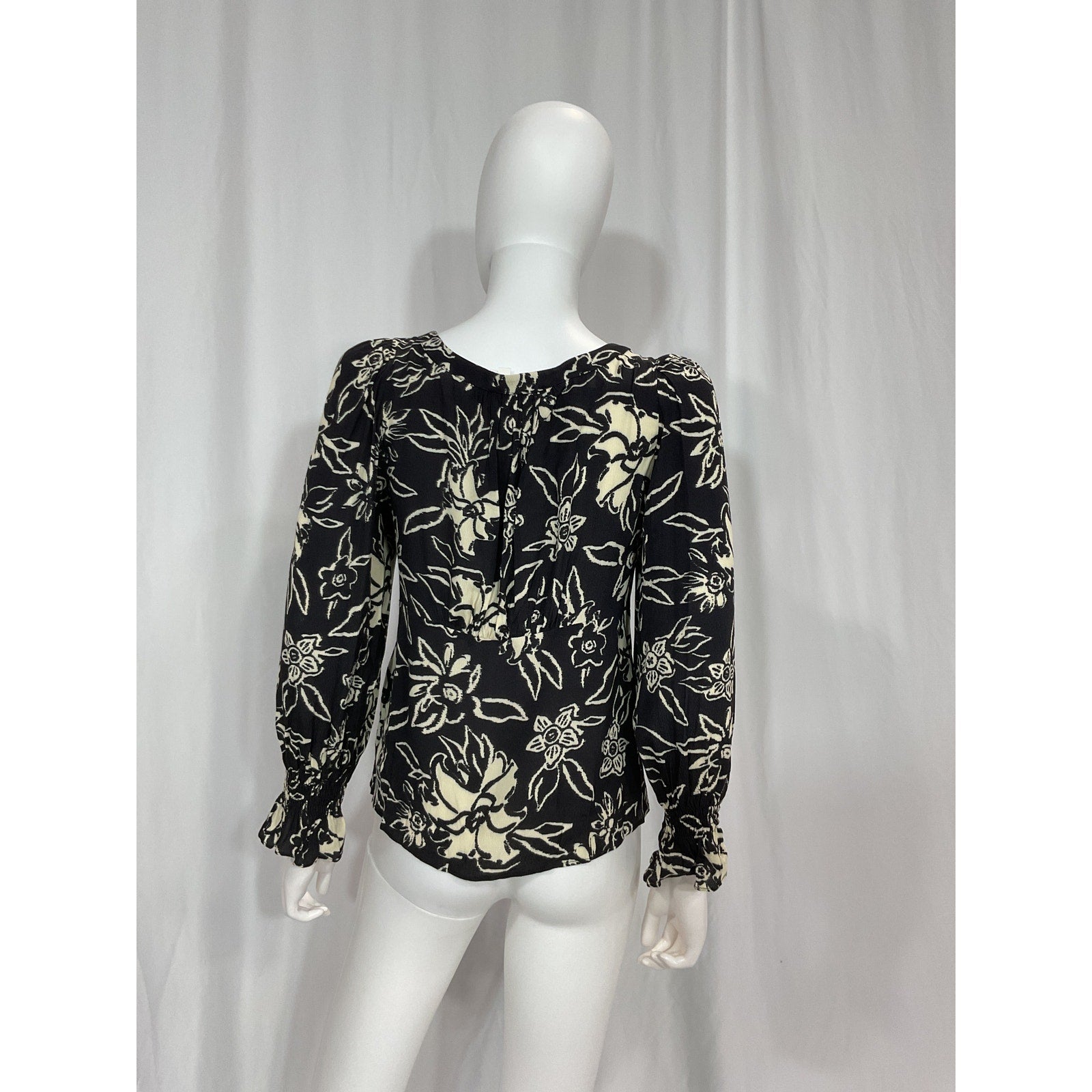 Ba&Sh 'Sessee' Black Floral Print Three Quarter Sleeve U Neck Button Blouse Size 1