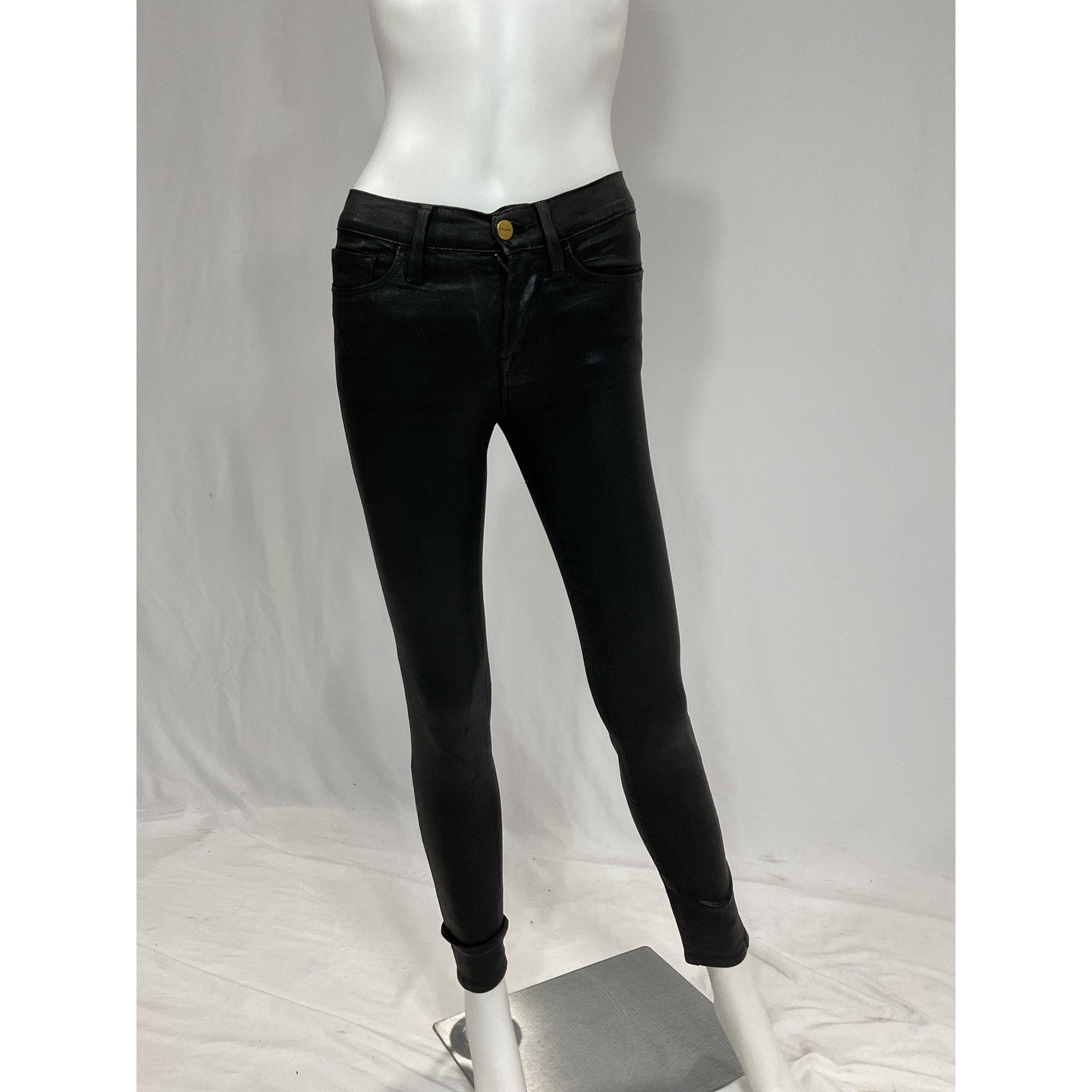 Frame 'Le Skinny' Black De Jeanne Coated Skinny Denim Jean Size 24