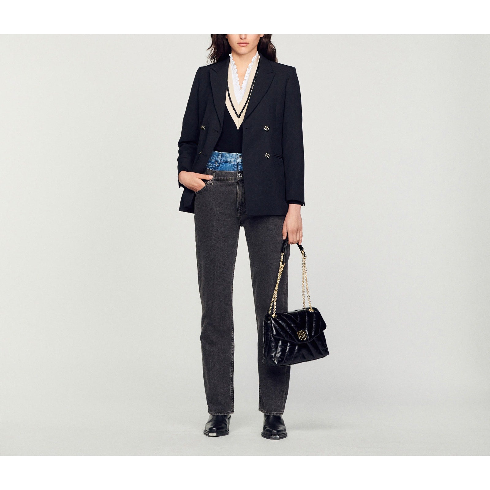 Sandro 'Two-Tone' Black Double-Waisted Denim Jeans Size 36