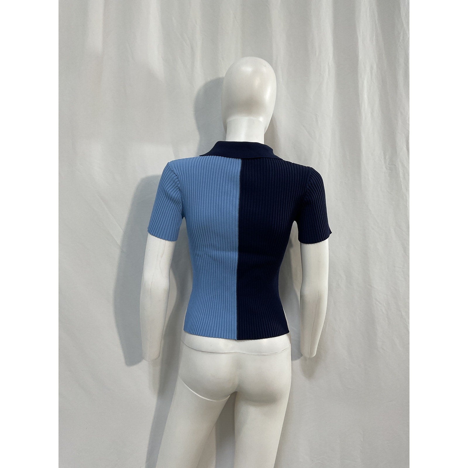 Staud 'Brice' Blue Viscose Two-Tone Ribbed-Knit Top Size S